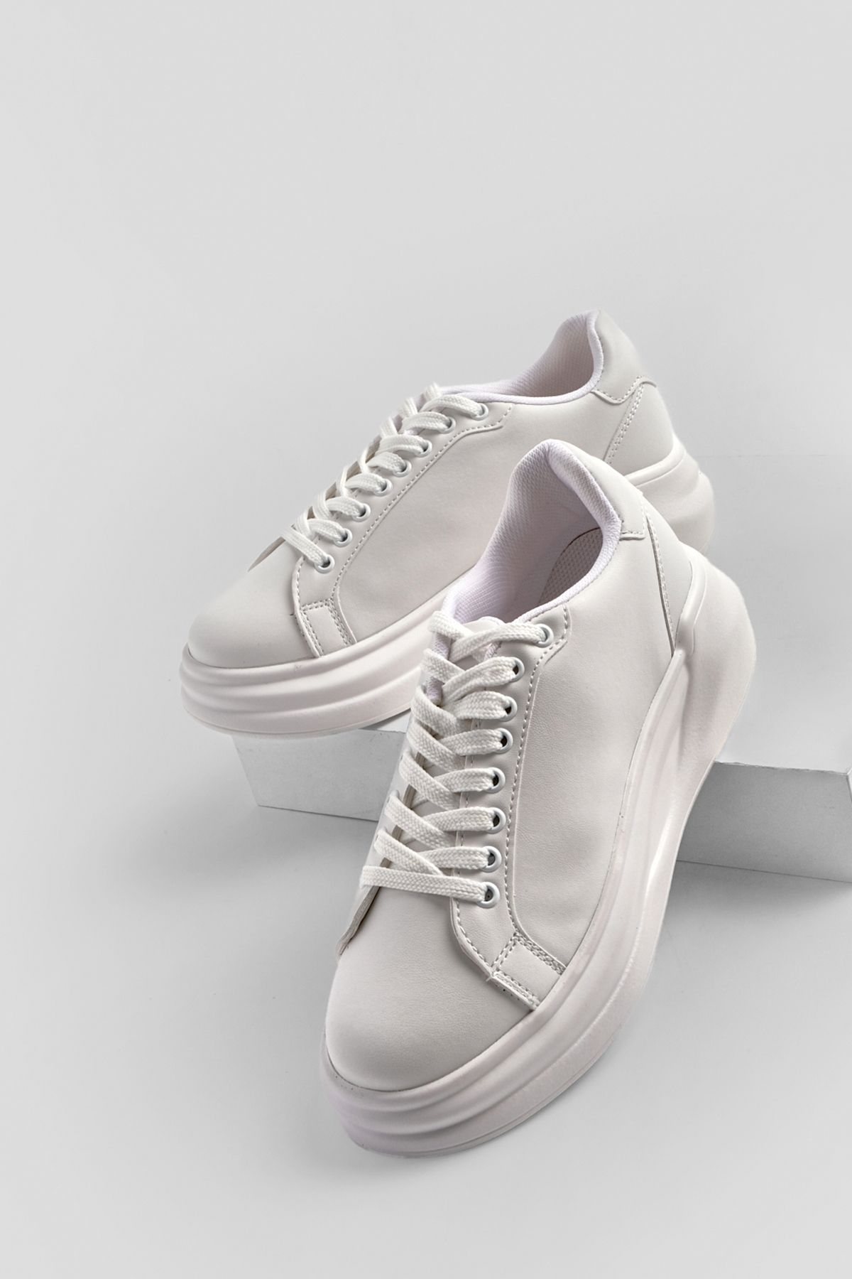 Marjin Kadın Sneaker Yüksek Taban Bağcıklı Spor Ayakkabı Bekor beyaz