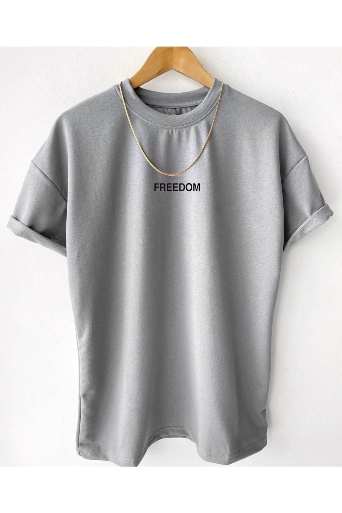 FANBOX SHOP Erkek Gri Freedom Baskılı Oversize Bisiklet Yaka Kısa Kollu T-shirt