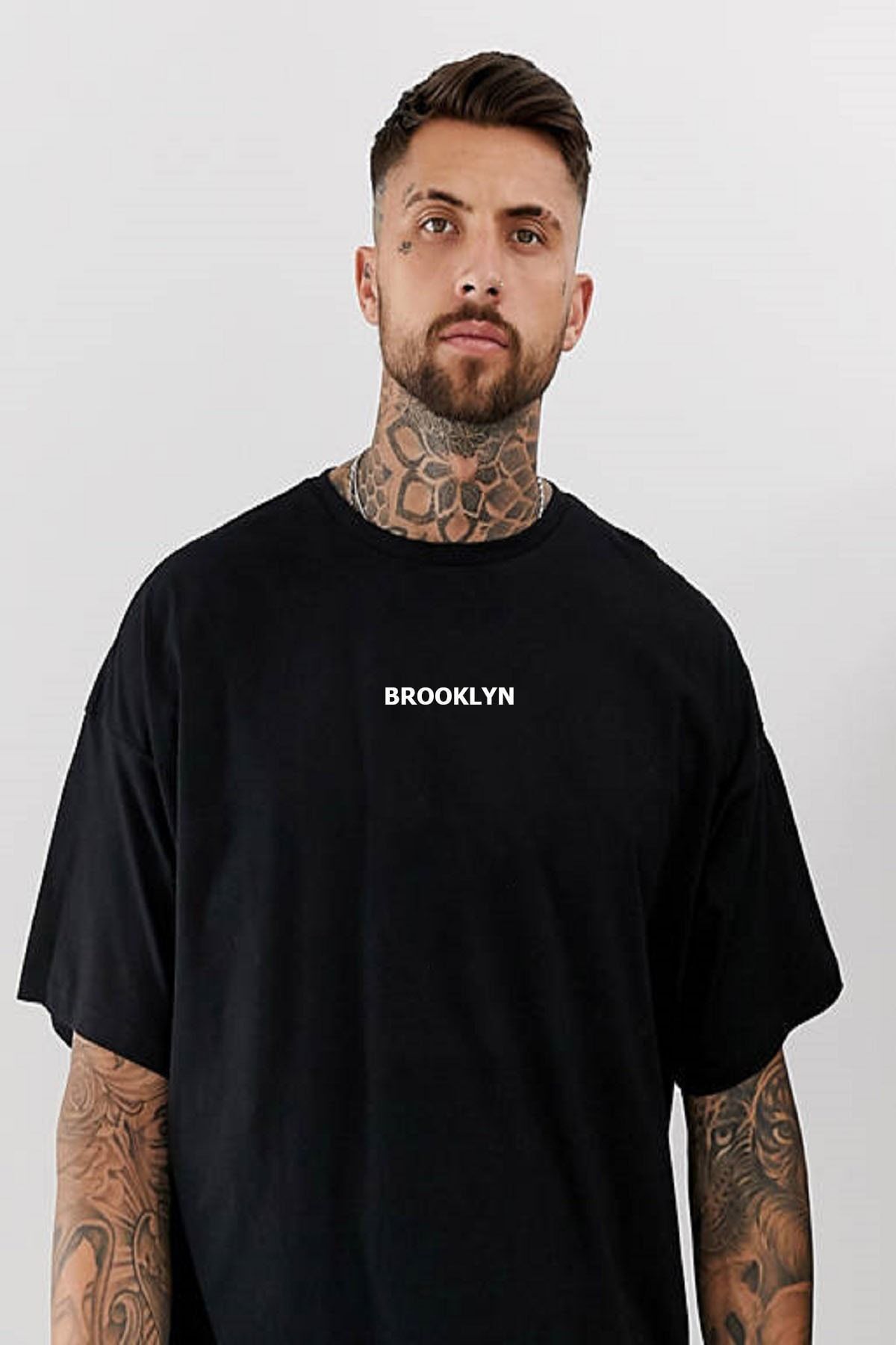 FANBOX SHOP Erkek Siyah Brooklyn Baskılı Oversize Bisiklet Yaka Tişört