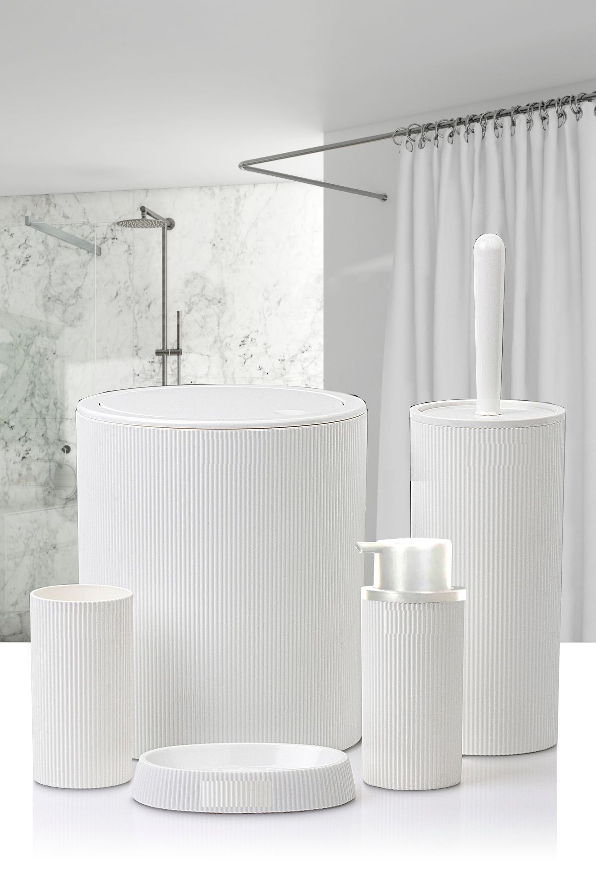 Tugomer 5 Parça Lüx Banyo Seti - Dekoratif Yuvarlak Pratik Kapak Çöp Kovası Diş Fırçalık Sabunluk Fırça Seti