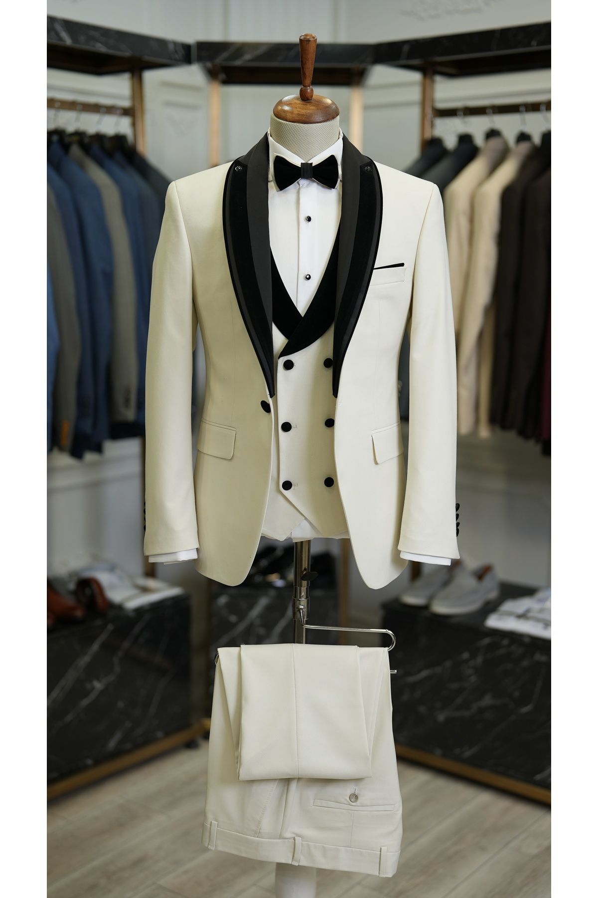 LONATOLİA Erkek Smokin Damatlık İtalyan Stil Slim Fit Ceket Yelek Pantolon Papyon-Beyaz
