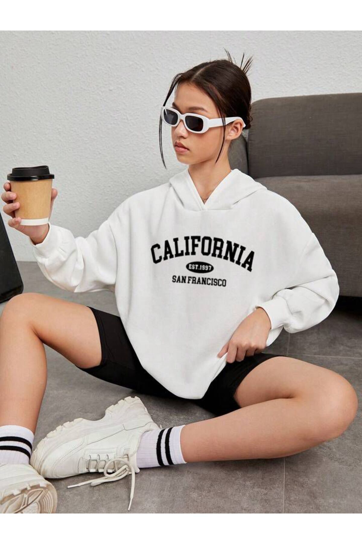 Afternoon Kids Kız Çocuk Kapşonlu Beyaz California Baskılı Sweatshirt