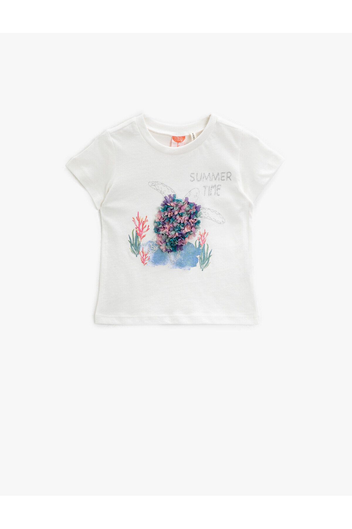 Koton Kız Bebek Ekru Kısa Kollu Simli Baskılı Pamuklu T-Shirt