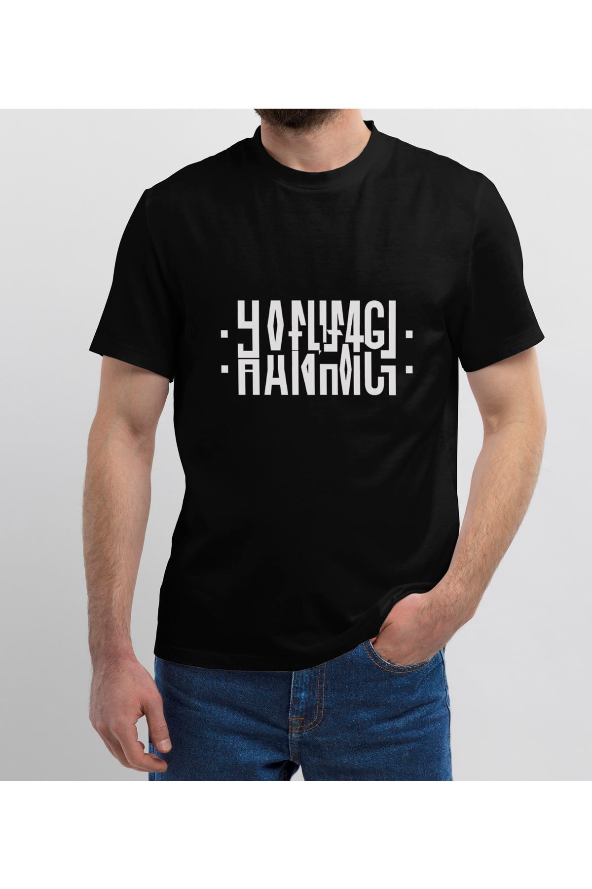 Caddemia Trendbees Unisex Siyah Hanımcı Yazılı Katlamalı T-shirt Bisiklet Yaka Tişört