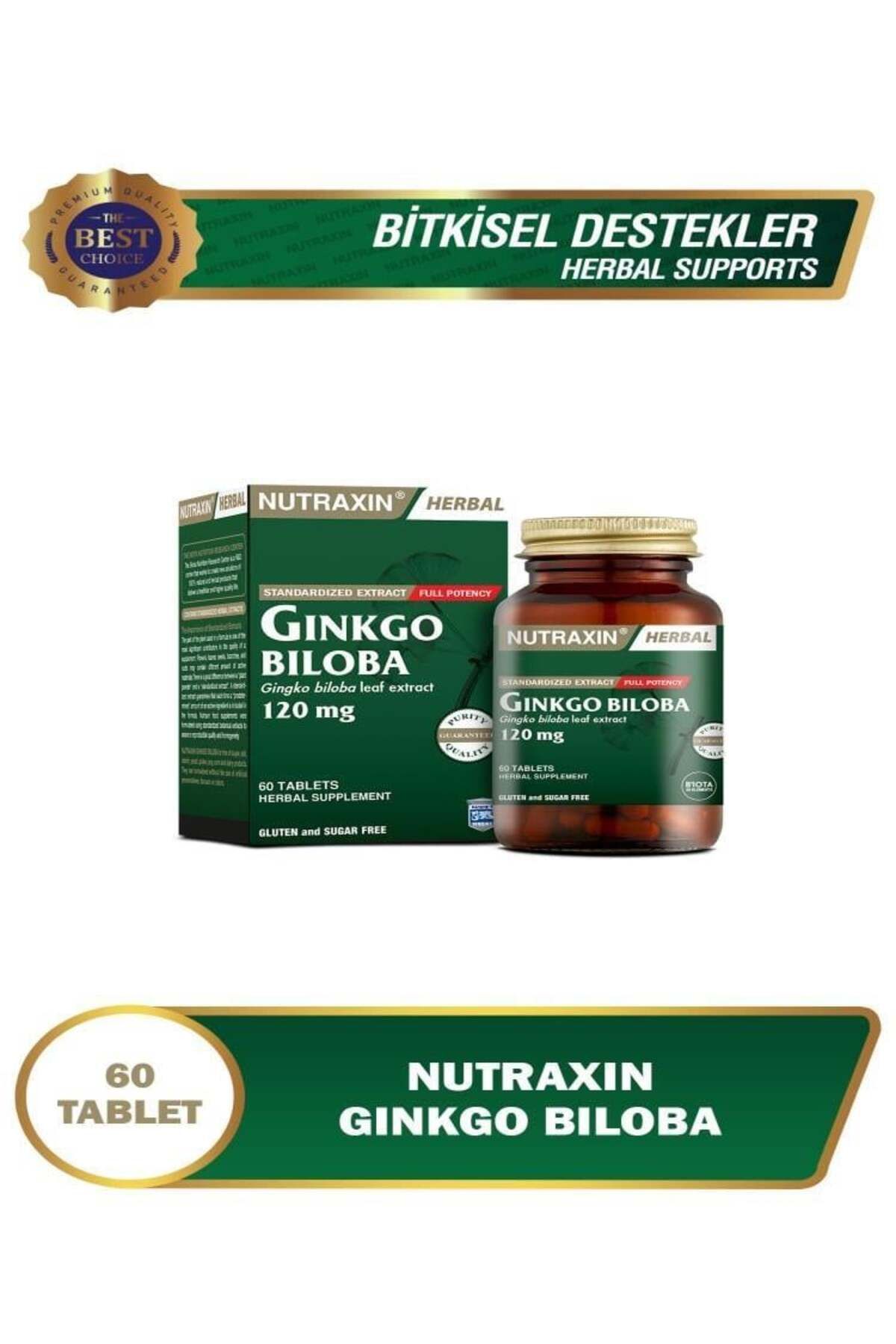 Nutraxin Sentetik Renklendirici, Tatlandırıcı ve Koruyucu İçermeyen Bitkisel Ginkgo Biloba 60 Tablet