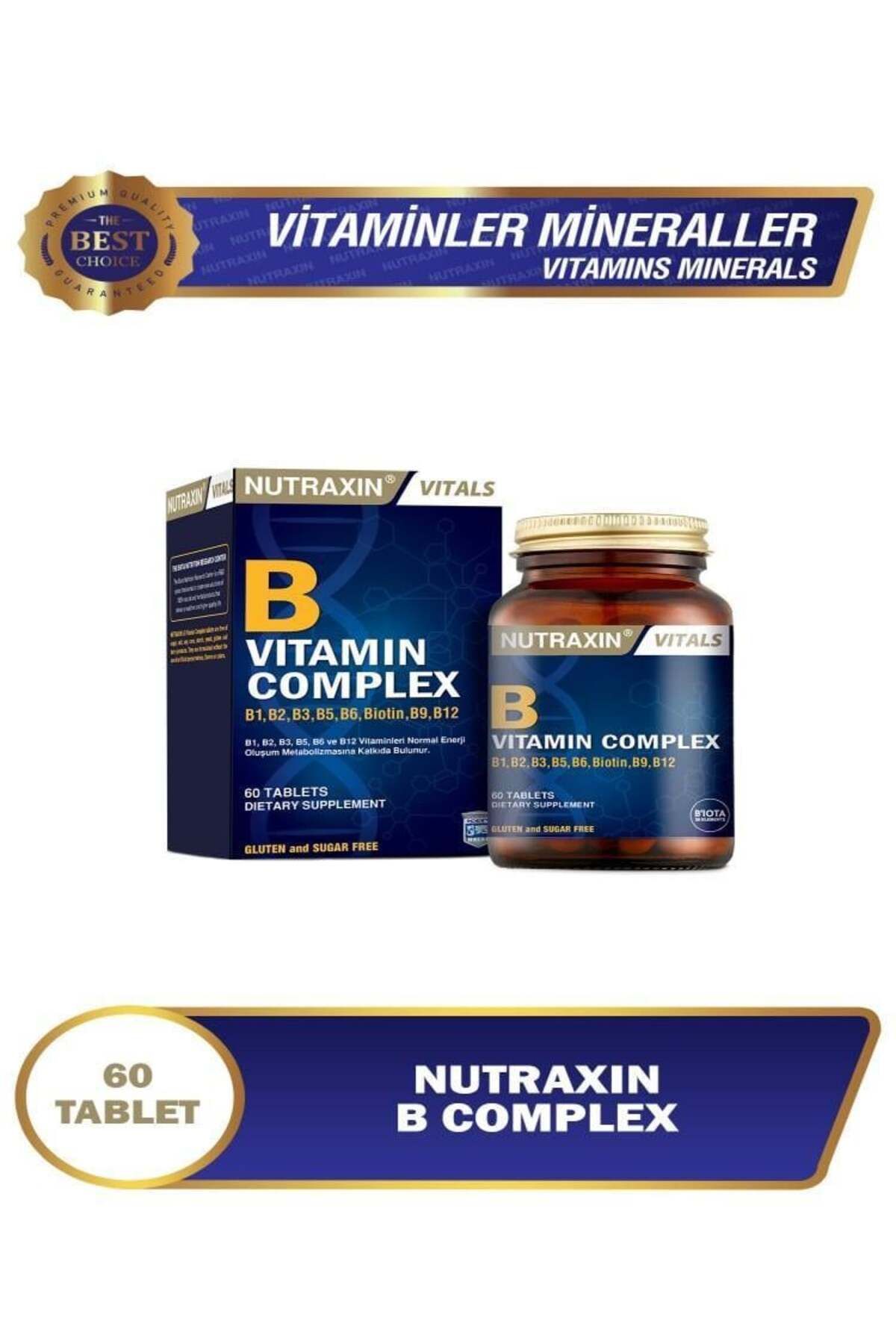 Nutraxin B Complex Vitamin 60 Kapsül B1, B2, B3, B5, B6, B12 Vitaminleri Barındıran Takviye Edici Gıda