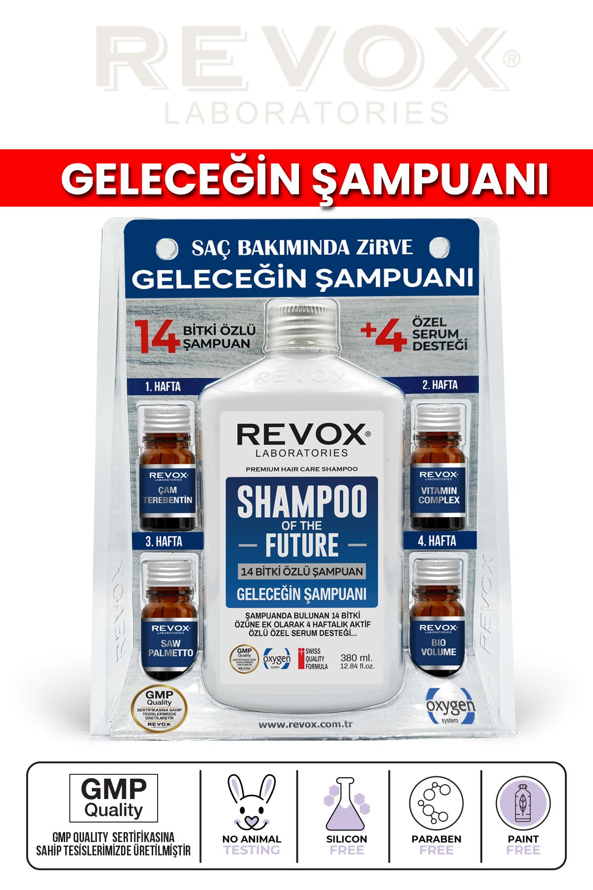 Revox Bitkisel Şampuan ve Aktif Özlü 4 Adet Özel Destek Serumu Saç Bakım Seti Geleceğin Şampuanı