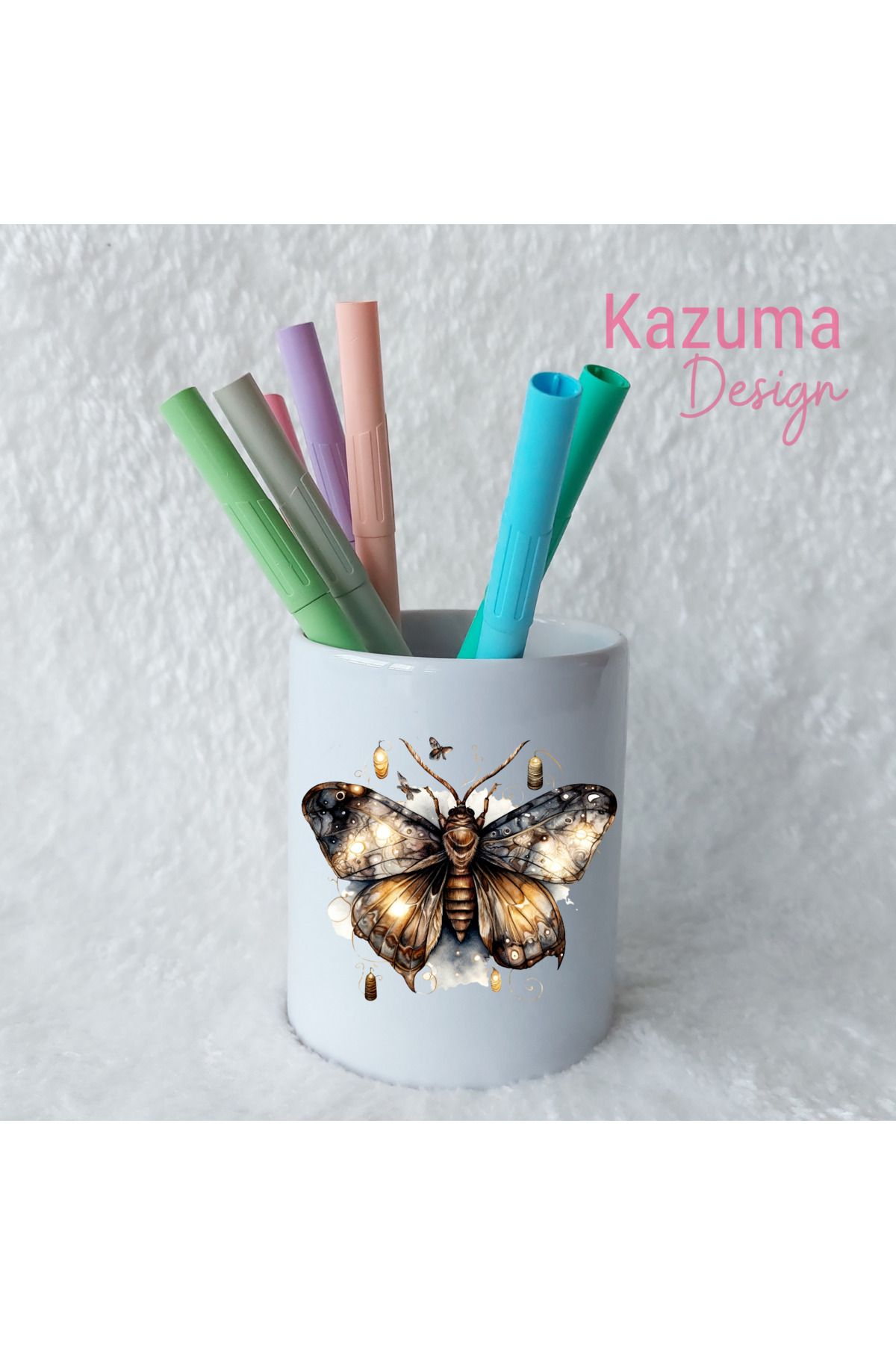 Kazuma Design Otantik Basklı Seramik Kalemlik Masa Üstü Kalem Kutusu