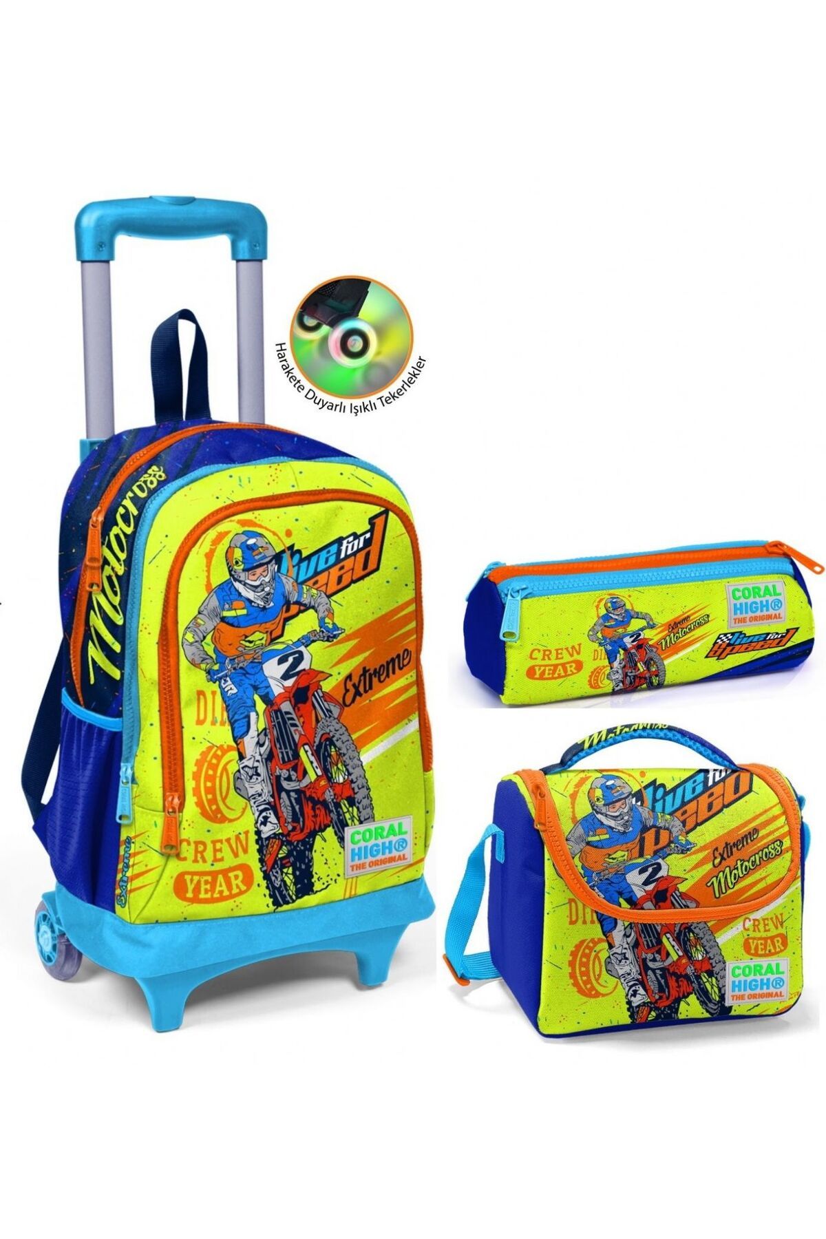 Coral High Sarı Mavi Motorsiklet Çekçek Okul Çantası Seti - Işıklı Tekerlekler - Erkek Çocuk