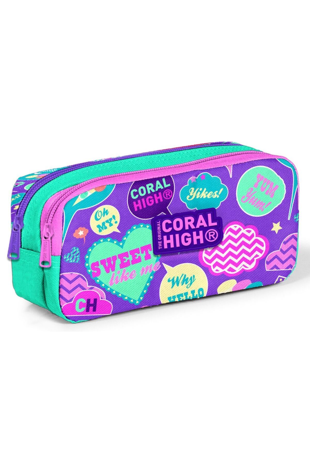 Coral High Iki Bölmeli Kız Çocuk Yeşil Lavanta Yazılar Kalem Çantası Kalemlik