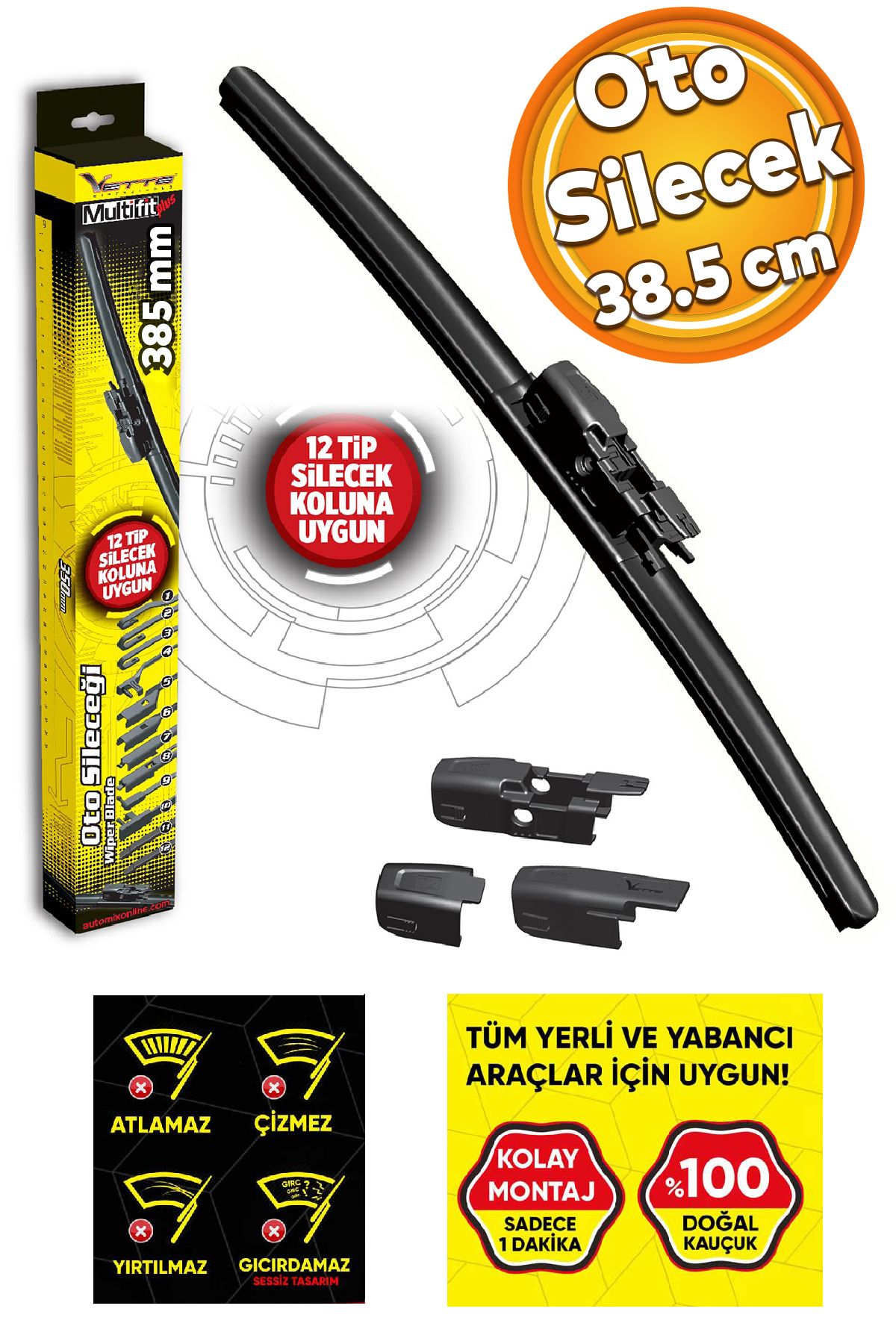 Badem10 Vette Plus Multifit Araba Araç Otomobil Oto Ön Cam Arka Cam Silecek Muz Sileceği 385 mm 38.5 cm