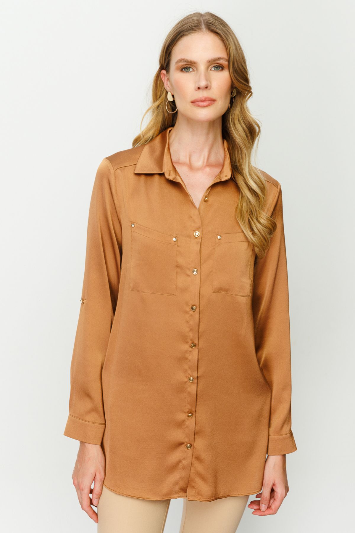 Ekol Gömlek Yaka Camel Kadın Saten Bluz 23201013