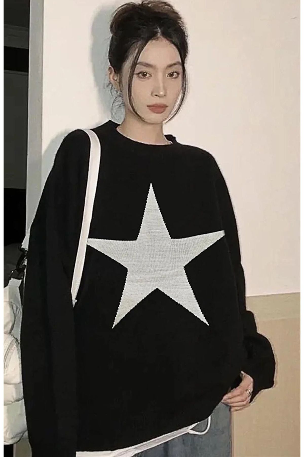 ÖZGESTORE Unisex Y2K Streetwear Star Oversize Siyah Kazak
