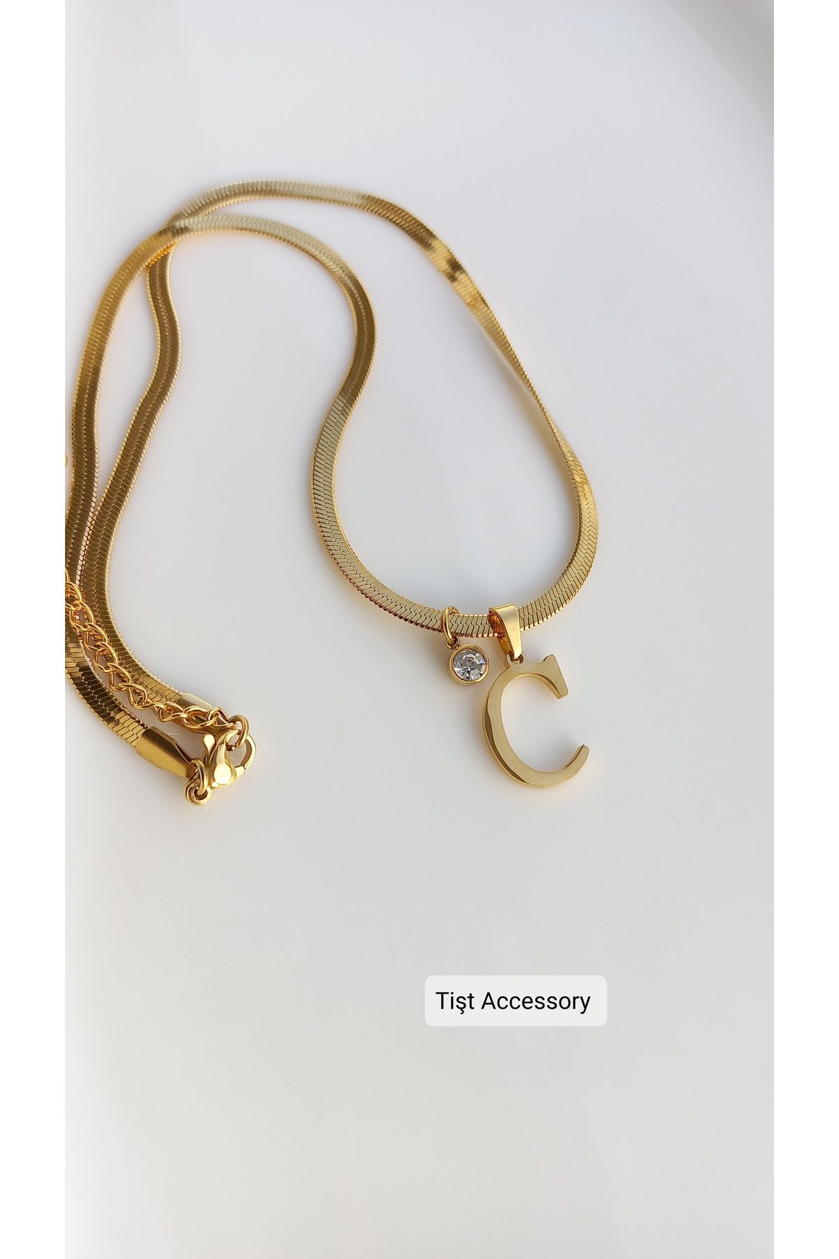 Tişt Accessory Kadın Gold İtalyan Zincir Zirkon Taşlı C Harfli Çelik Kolye