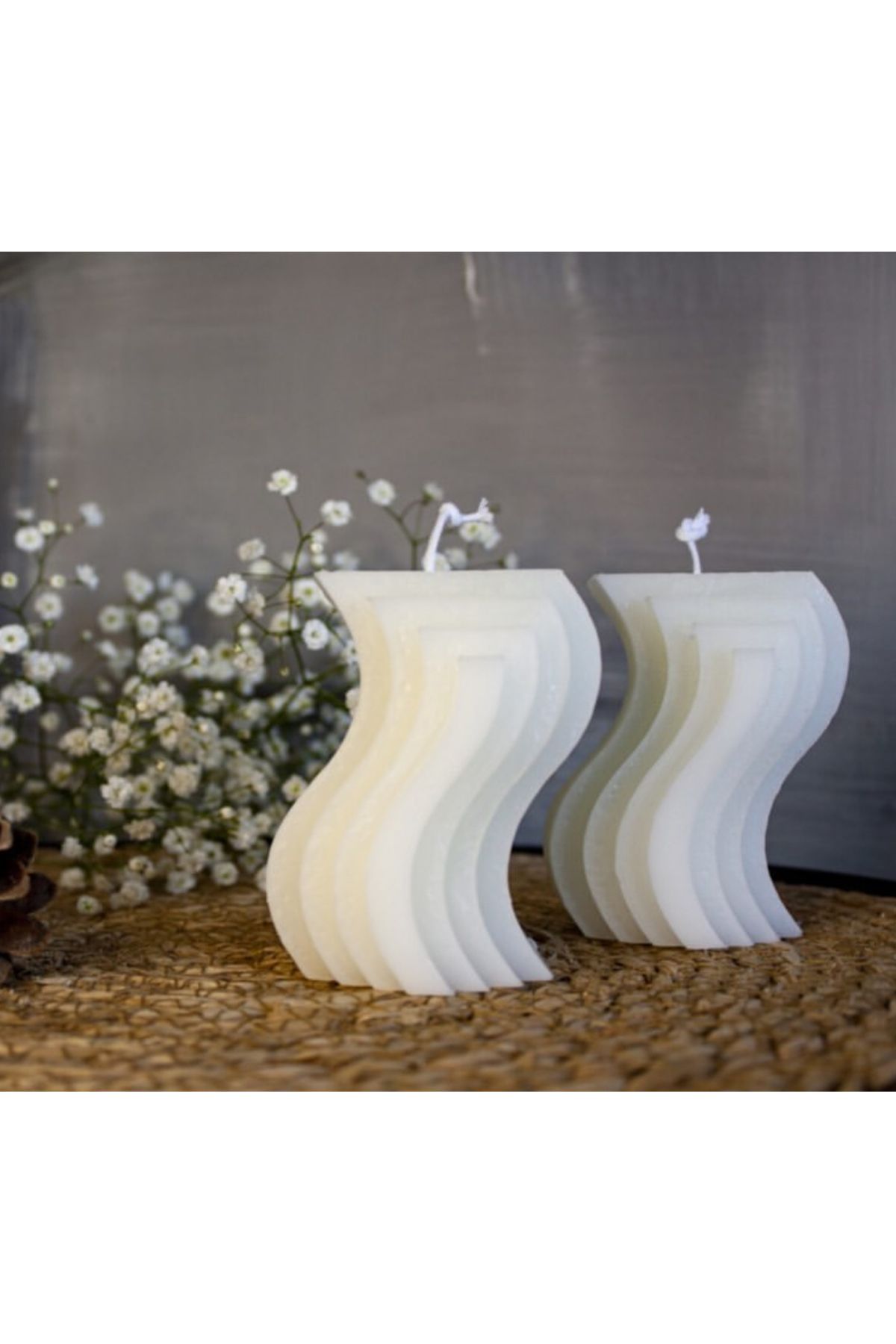 YABA Dekoratif Oyma Dalgalı Büyük Mum Kokulu Soya Wax Vegan Mum Beyaz 2’li Dalgalı Dekoratif Kokulu Model