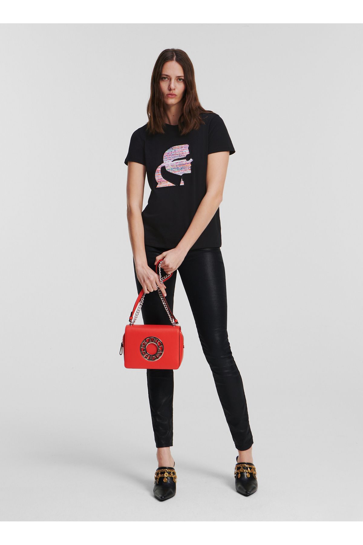 Karl Lagerfeld Bisiklet Yaka Baskılı Siyah Kadın T-Shirt 235W1707