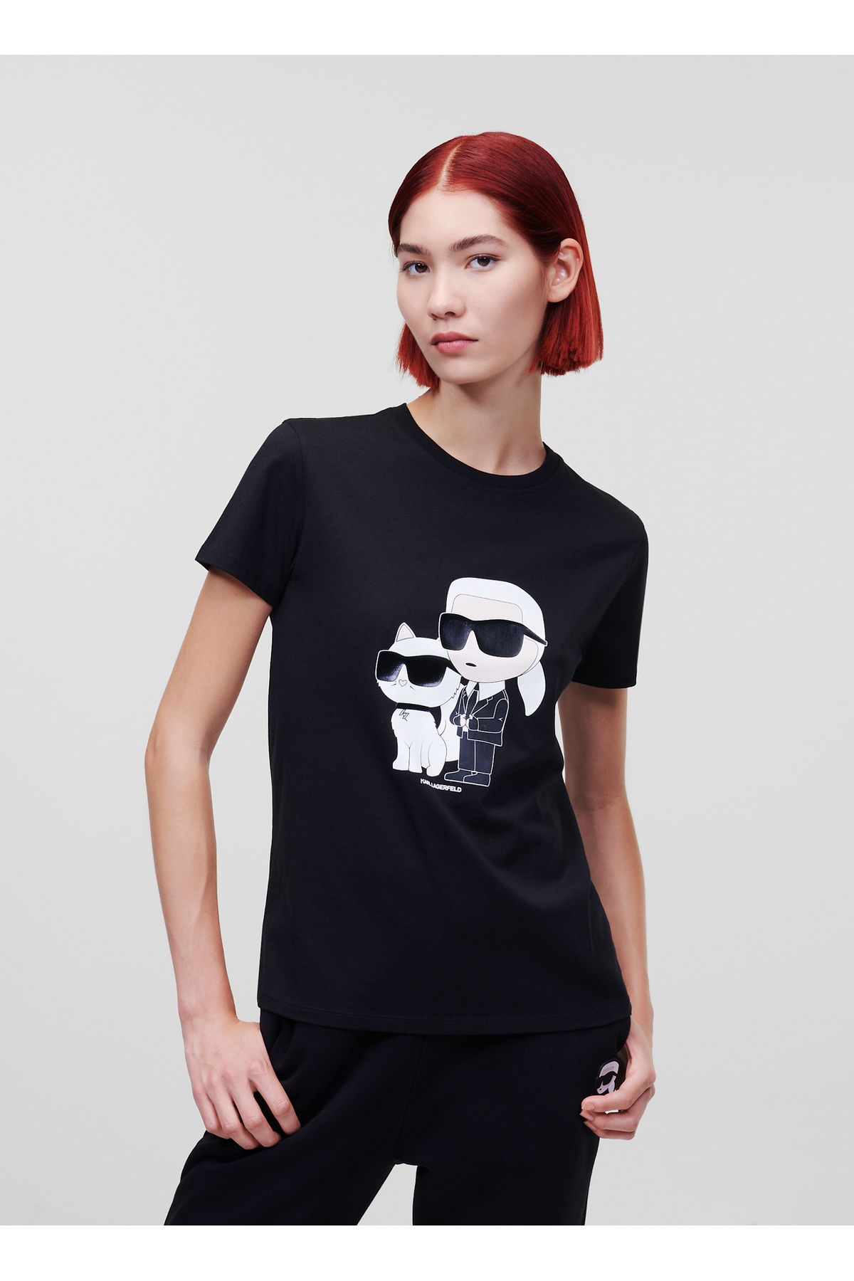 Karl Lagerfeld Bisiklet Yaka Baskılı Siyah Kadın T-Shirt 230W1704