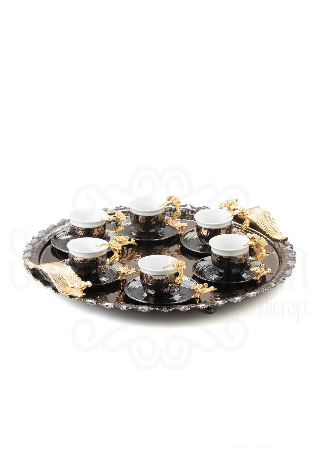 Saray Ottoman Altın Japon Gülü Yuvarlak Tepsi + 6'lı Kahve Fincanı Siyah