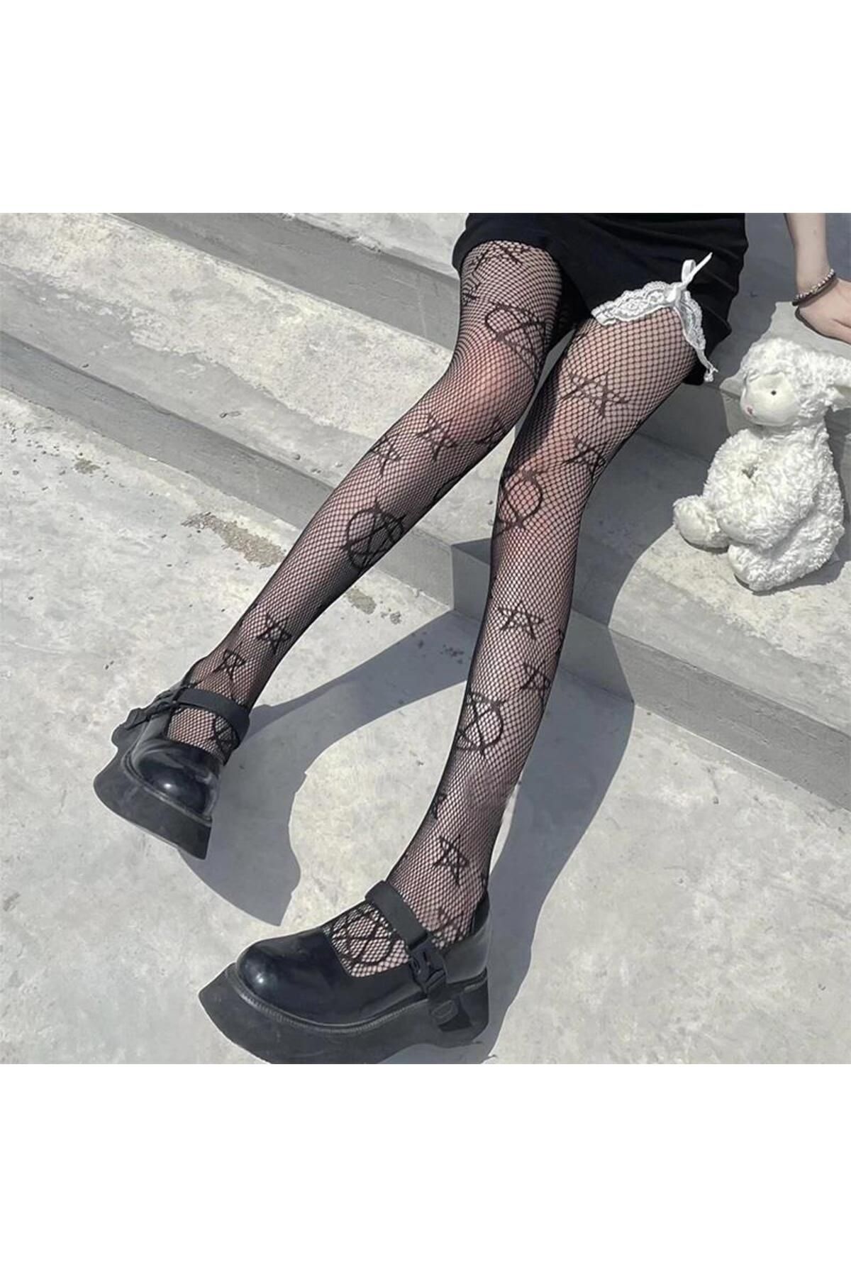 Touz Moda Punk Gothic Pentagram Desenli Ithal Fileli Külotlu Çorap