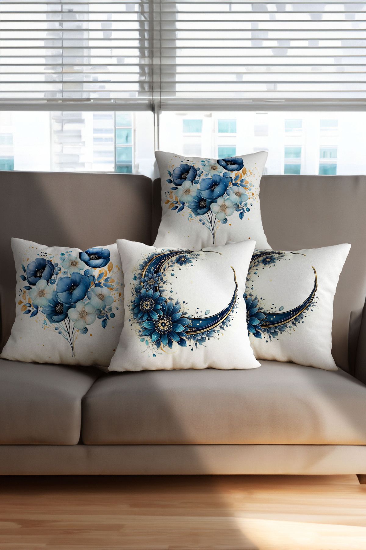 Hayal Dekoratif Beyaz Zemin Mavi Çiçek ve Hilal Desenli Dijital Baskılı 4Lü Koltuk Yastık Kırlent Kılıfı Seti