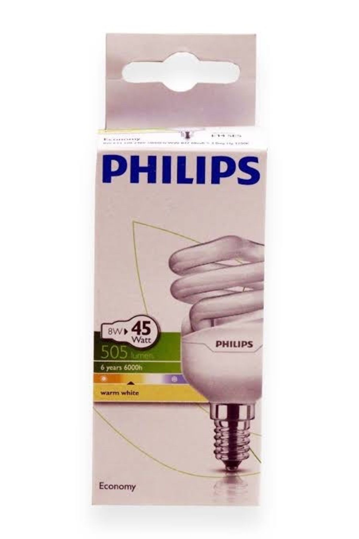 Philips 8w=45w Mini Spiral Kıvrık Tasarruflu Ampul E14 Duy Sarı Işık 2700K/505 Lumen