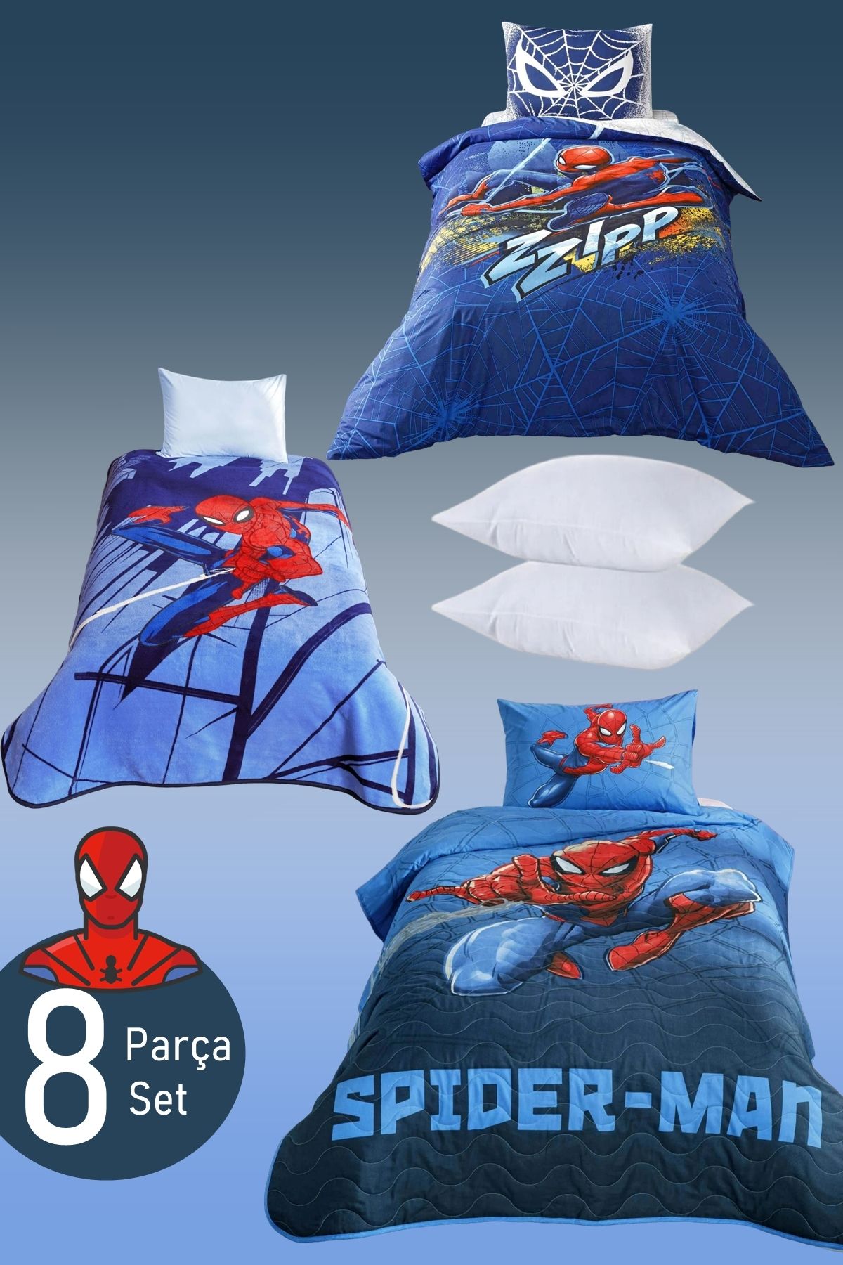 Taç Spiderman 8 Parça Set Uyku Seti - Nevresim Takımı + Yatak Örtüsü + Battaniye + İkili Yastık