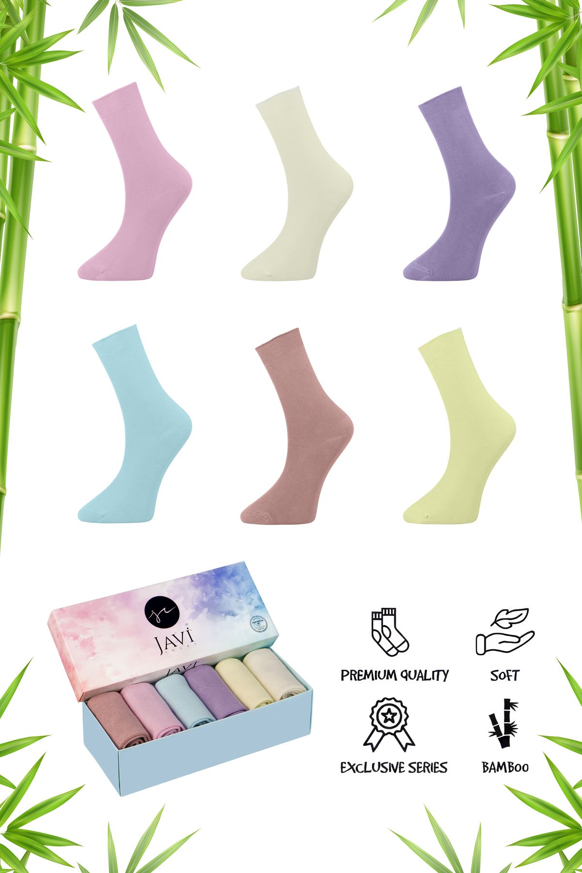 javi Bambu Kadın Soket Çorap Dikişsiz Sıkmayan Lastik Premium Kutulu 6 Renkli Çorap 2020