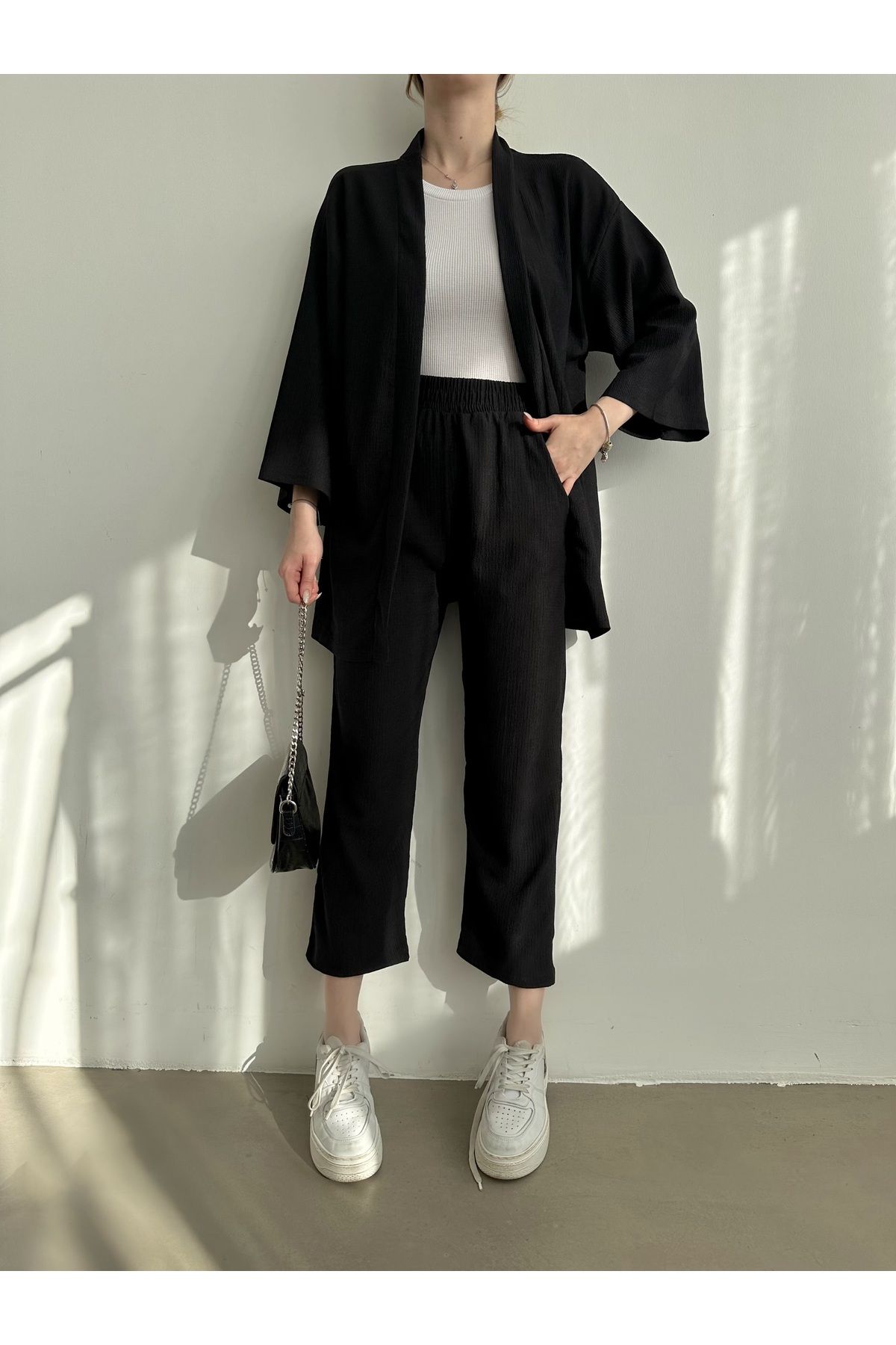 BEJNA Kadın Siyah Kimono Pantolon Örme Takımı