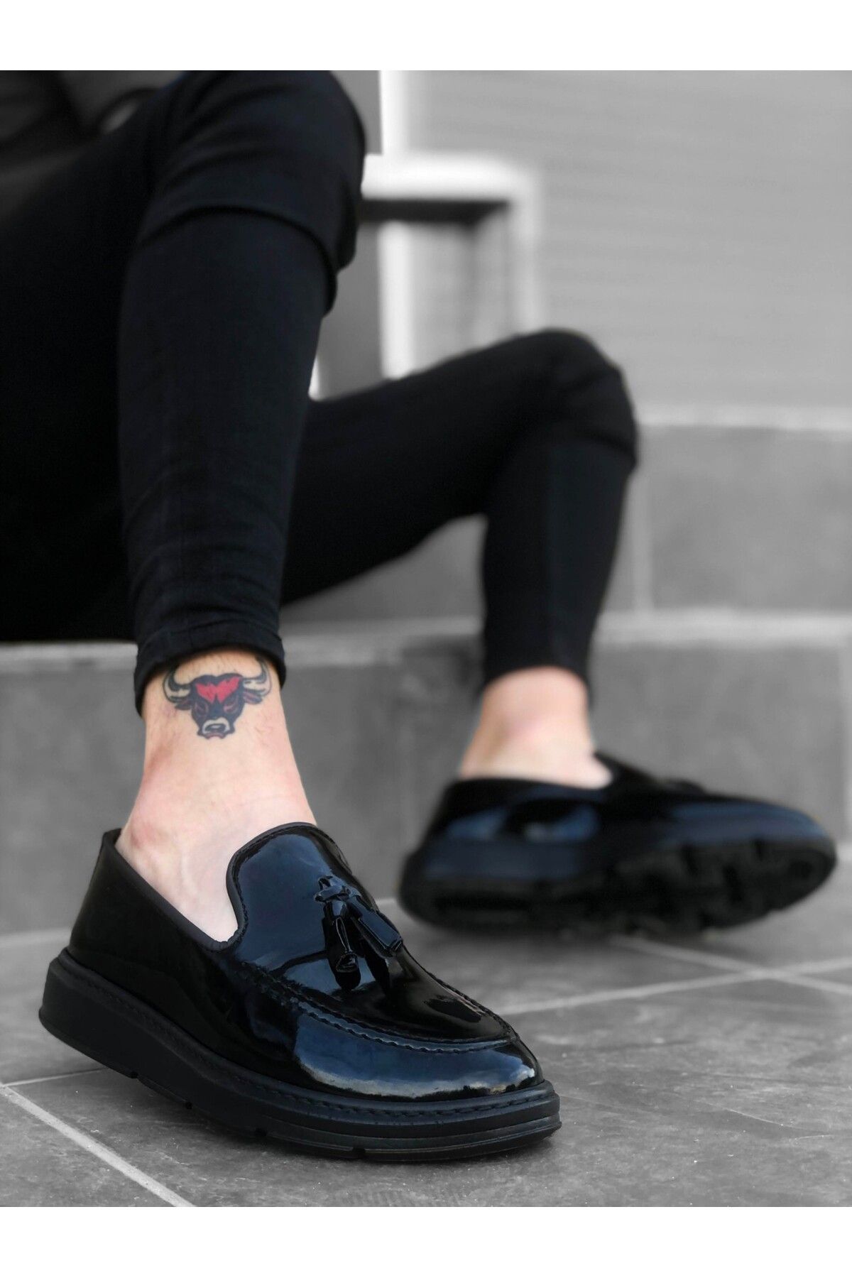 BOA Ba0005 Bağcıksız Yüksek Taban Siyah Rugan Klasik Püsküllü Corcik Erkek Ayakkabısı