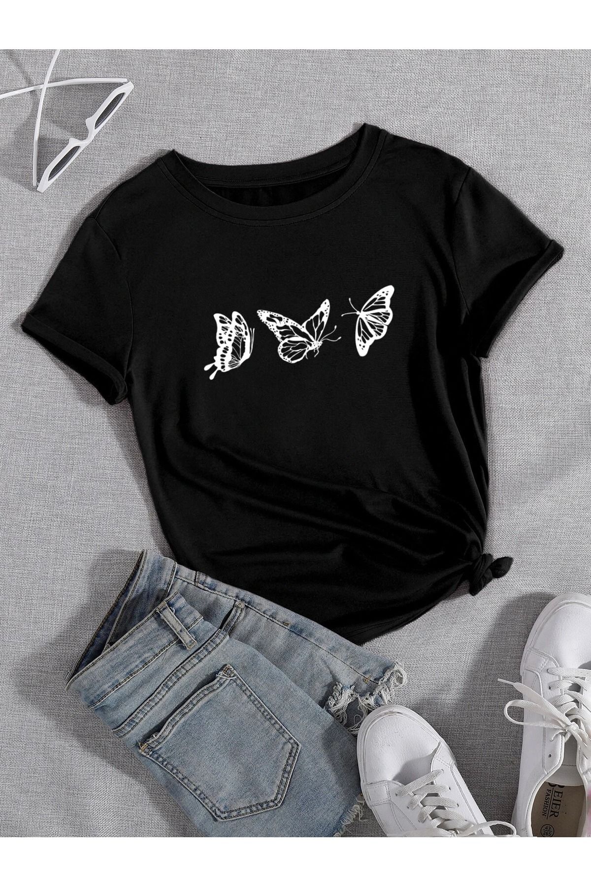 DUBU BUTİK Uçan Kelebekler Süprem T-Shirt - Siyah Baskılı Oversize Bisiklet Yaka Kısa Kol Tişört