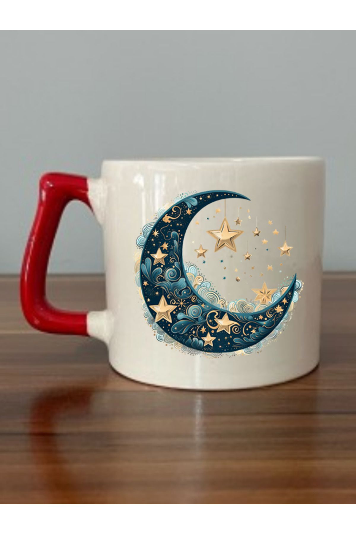 lili hediyelik Modern Ay Ve Yıldızlı Kırmızı Kulplu Kupa Bardak - Seramik Çay, Kahve Hediyelik Bardağı