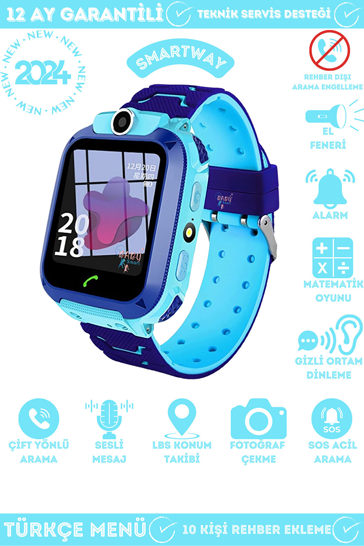 Smart Way Q12 Akıllı Çocuk Takip Saati, Sim Kartlı Arama, Kameralı, S.O.S ve Gizli Dinleme Özellikli - Mavi