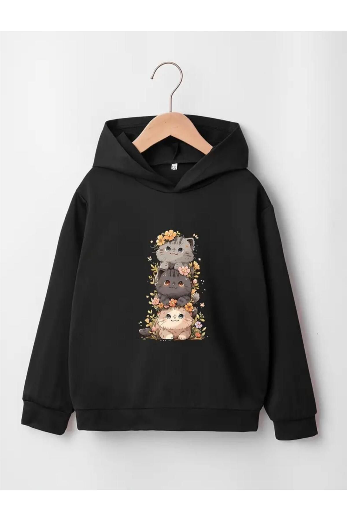 Afternoon Kids Kız/Erkek Çocuk Siyah Kapüşonlu Yaramaz Kediler Baskılı Sweatshirt