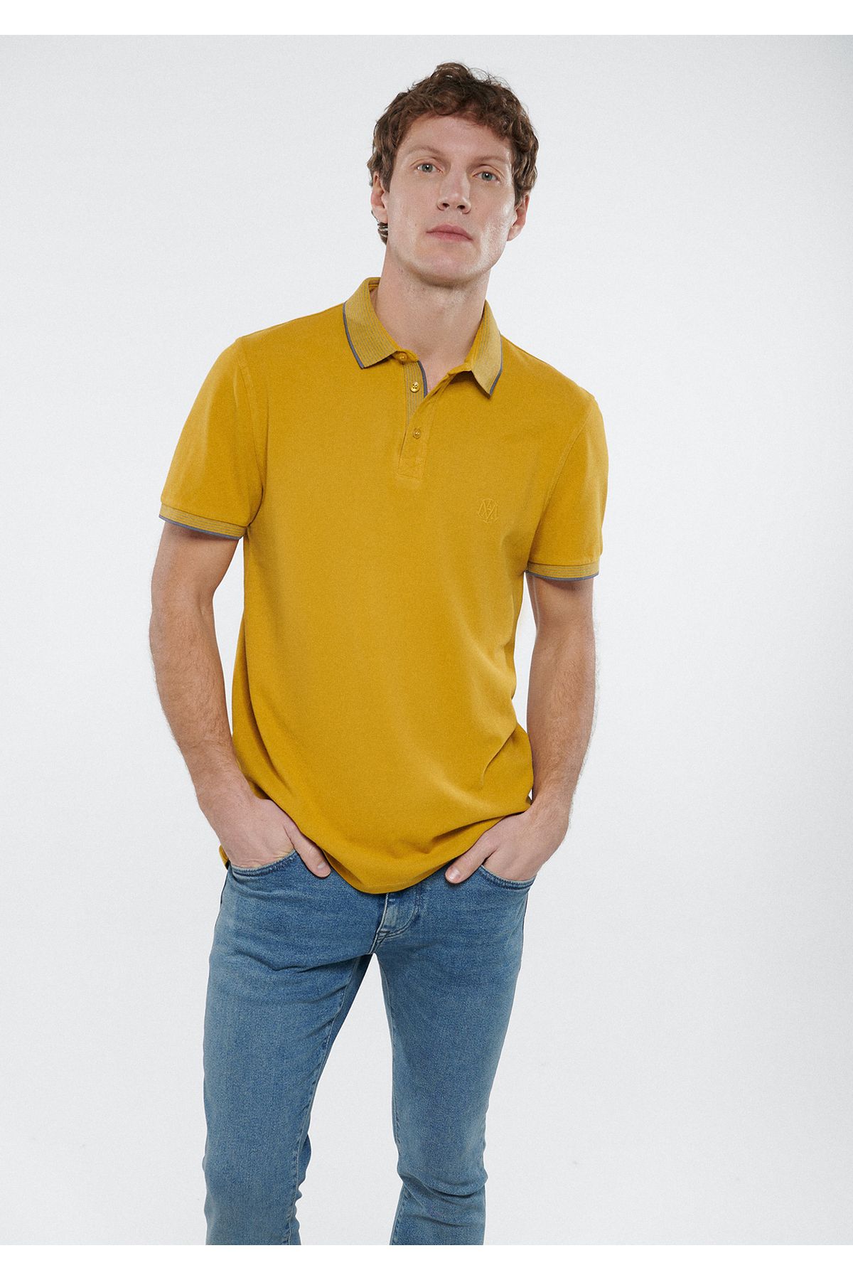 Mavi Renkli Şerit Detaylı Sarı Polo Tişört Slim Fit / Dar Kesim 065920-30719