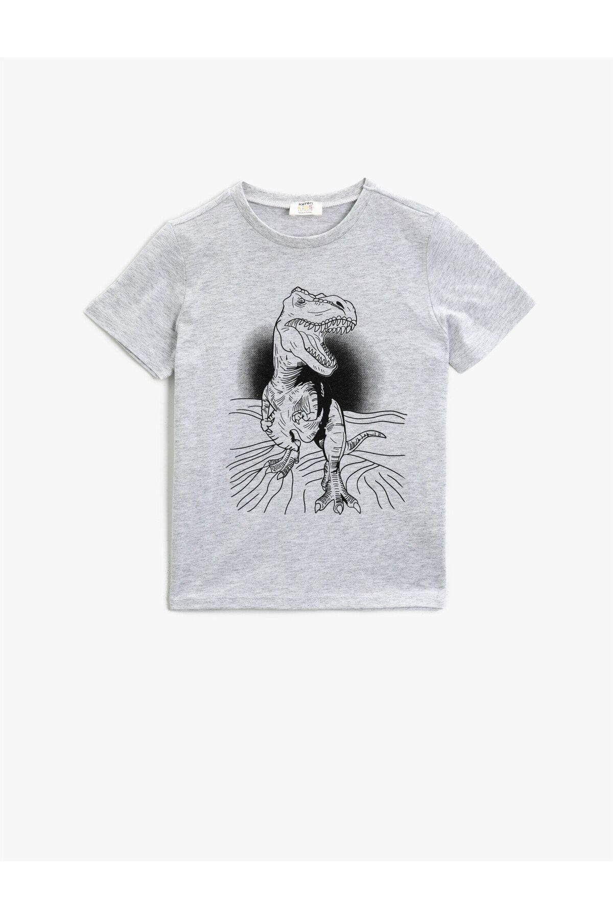 Koton Erkek Çocuk Gri Dinozor Baskılı Kısa Kollu Pamuklu T-Shirt