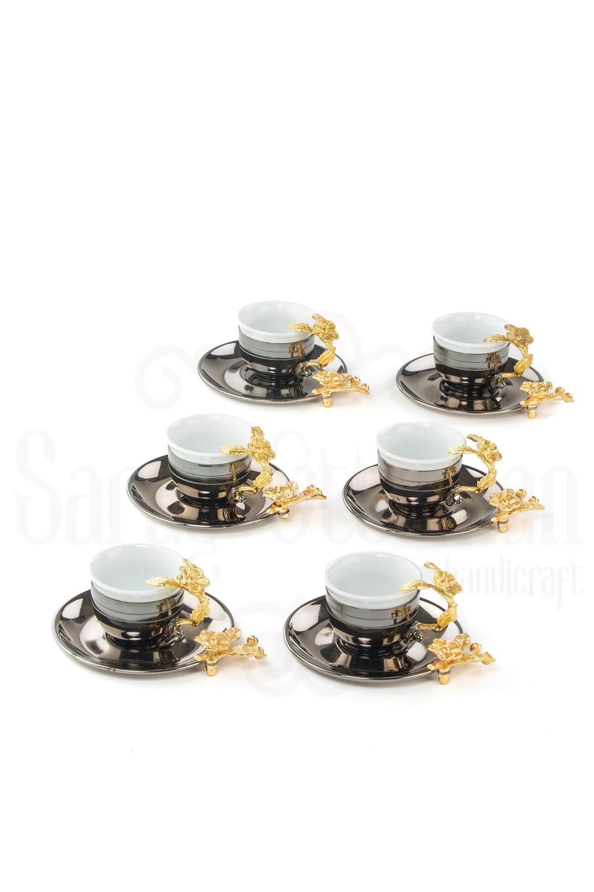 Saray Ottoman Bakır Kahve Fincanı Porselen Kahve Fincanı Altın Japon Gülü Çizgili 6'lı Kahve Fincanı Siyah