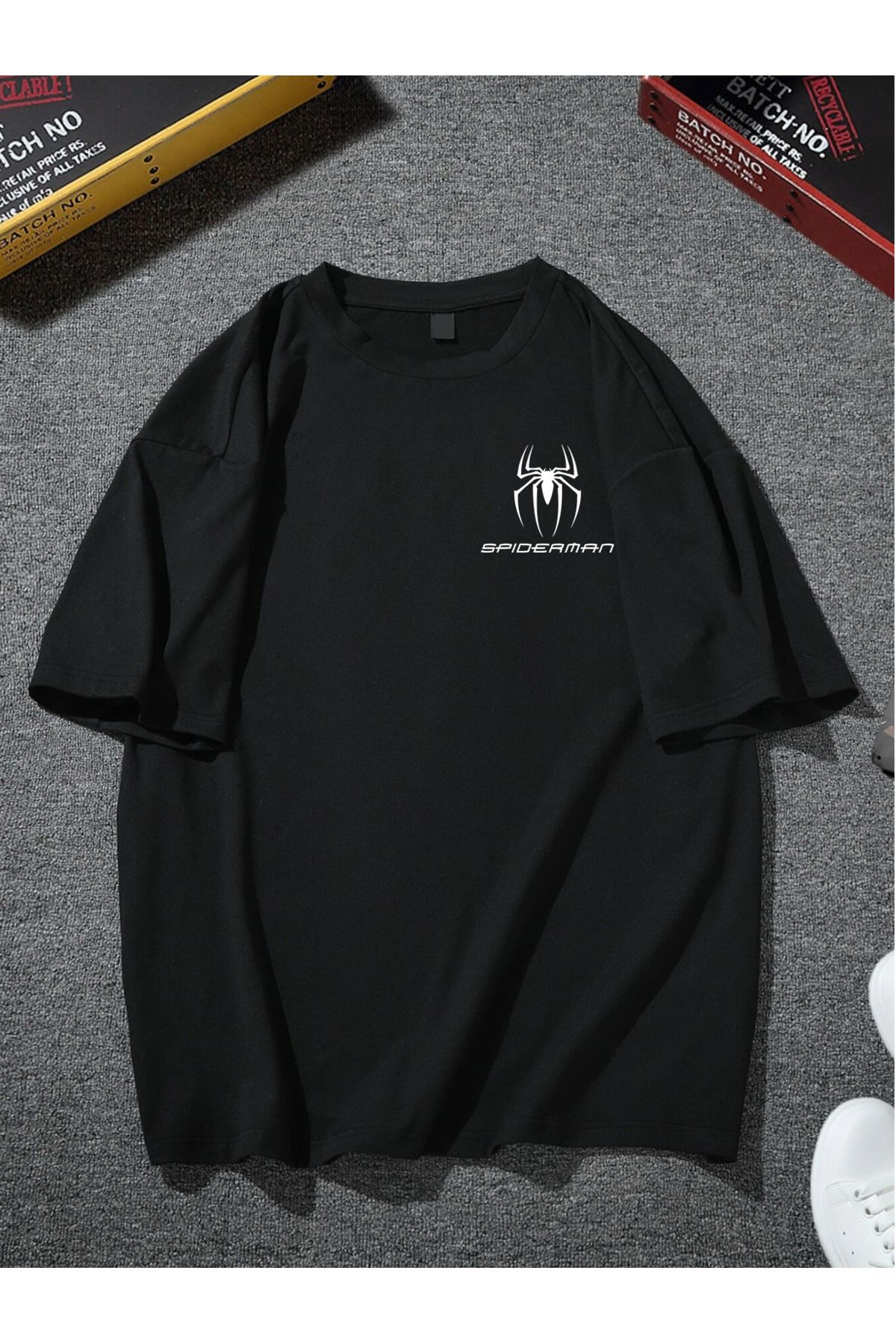 kahire Unisex Siyah Oversize Spiderman Baskılı T-shirt