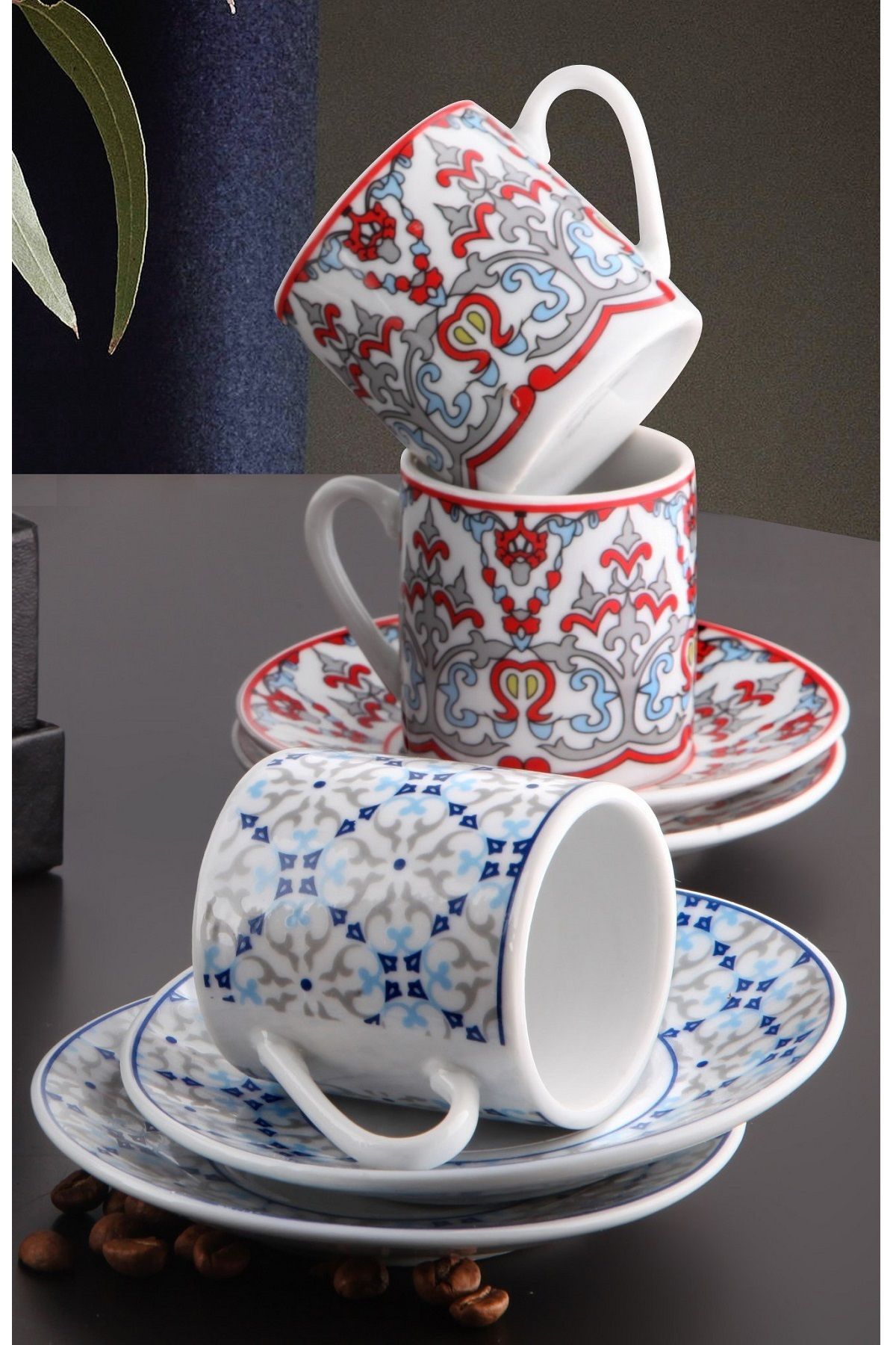 Pinkev 6 Kişilik Porselen Çift Desenli Renkli Kahve Fincanı Fincan Takımı Seti