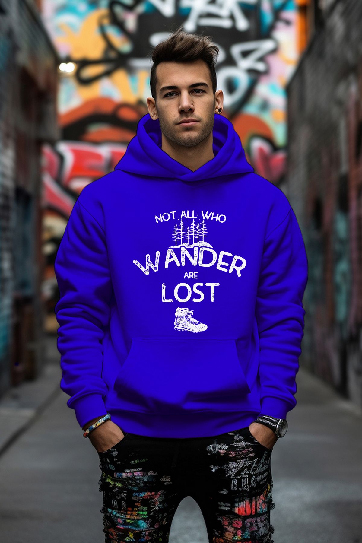 ADABEBEK Özel Tasarım Wander Lost Baskılı Rahat Kesim Oversize Sweatshirt