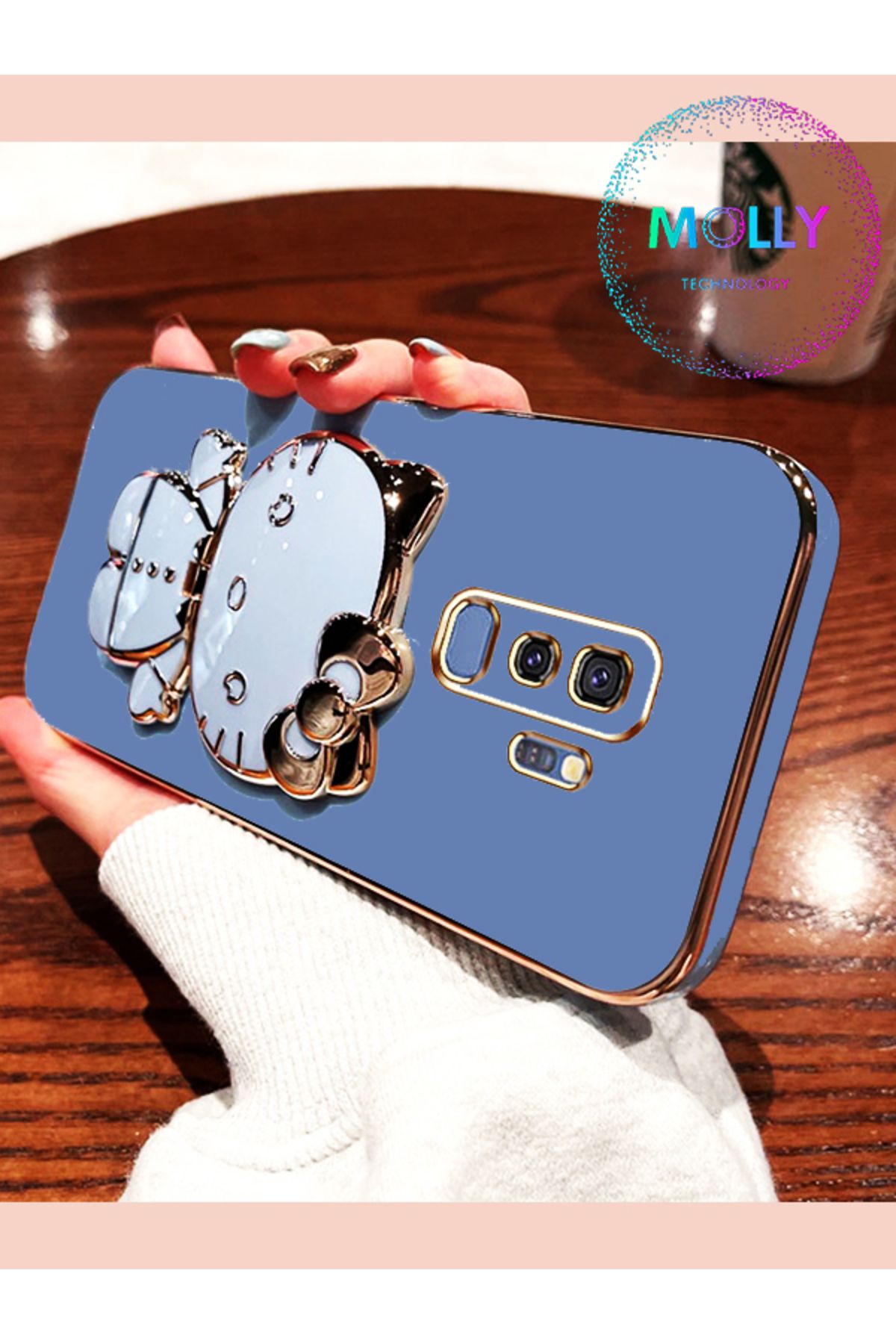Molly Samsung Galaxy S9 PLUS İçin Petrol Mavisi Hello Kitty Standlı Gold Detaylı Lüks Silikon Kılıf