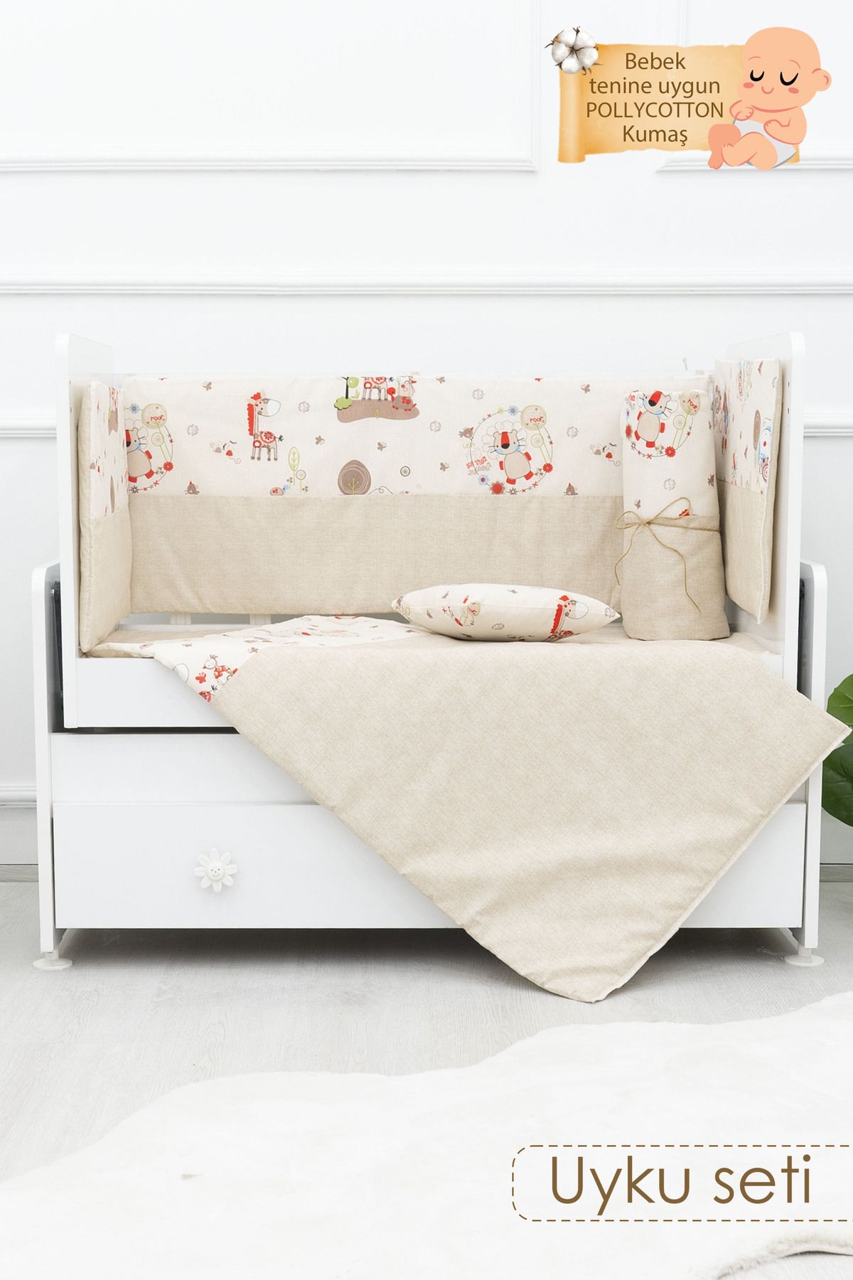 mordesign Bebek Uyku Seti, 50x100 cm Beşik Uyku Seti, 8 Parça Bebek Beşik Seti, Animal Serisi