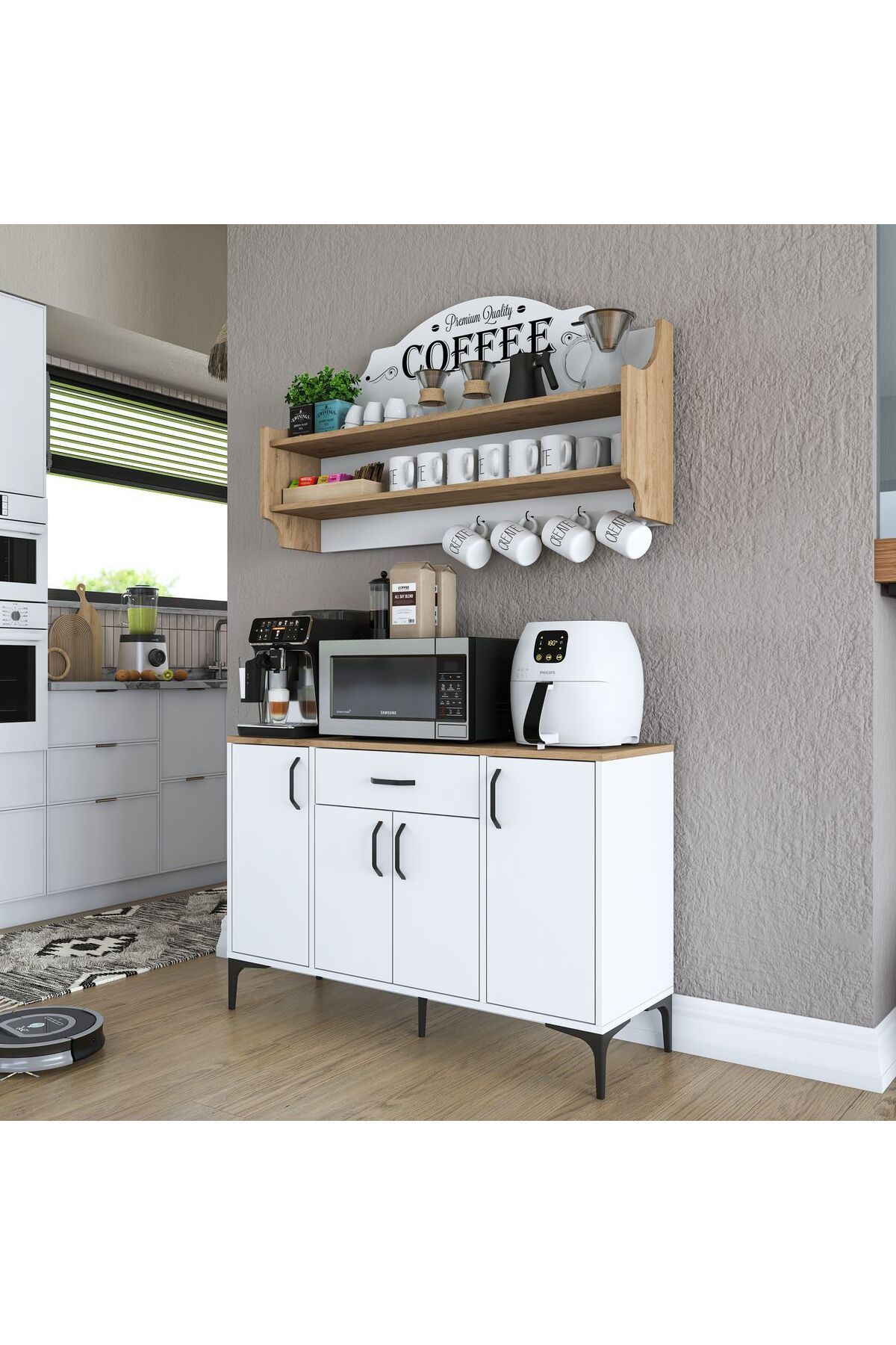 Rani Mobilya Rani JE138 Kahve Köşesi Çok Amaçlı Dolap 4 Kapaklı Mutfak Dolabı Beyaz - Sepet Ceviz
