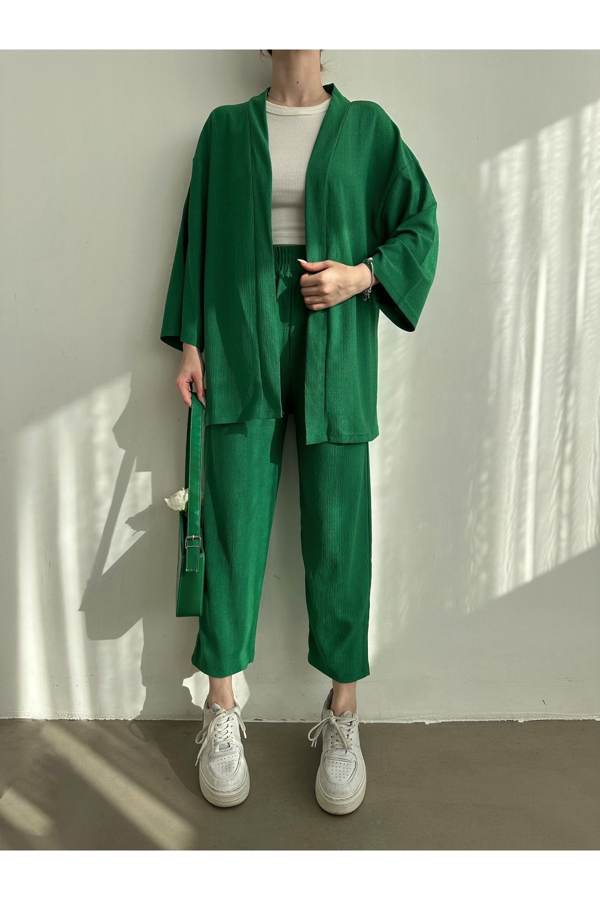 BEJNA Kadın Yeşil Kimono Pantolon Örme Takımı