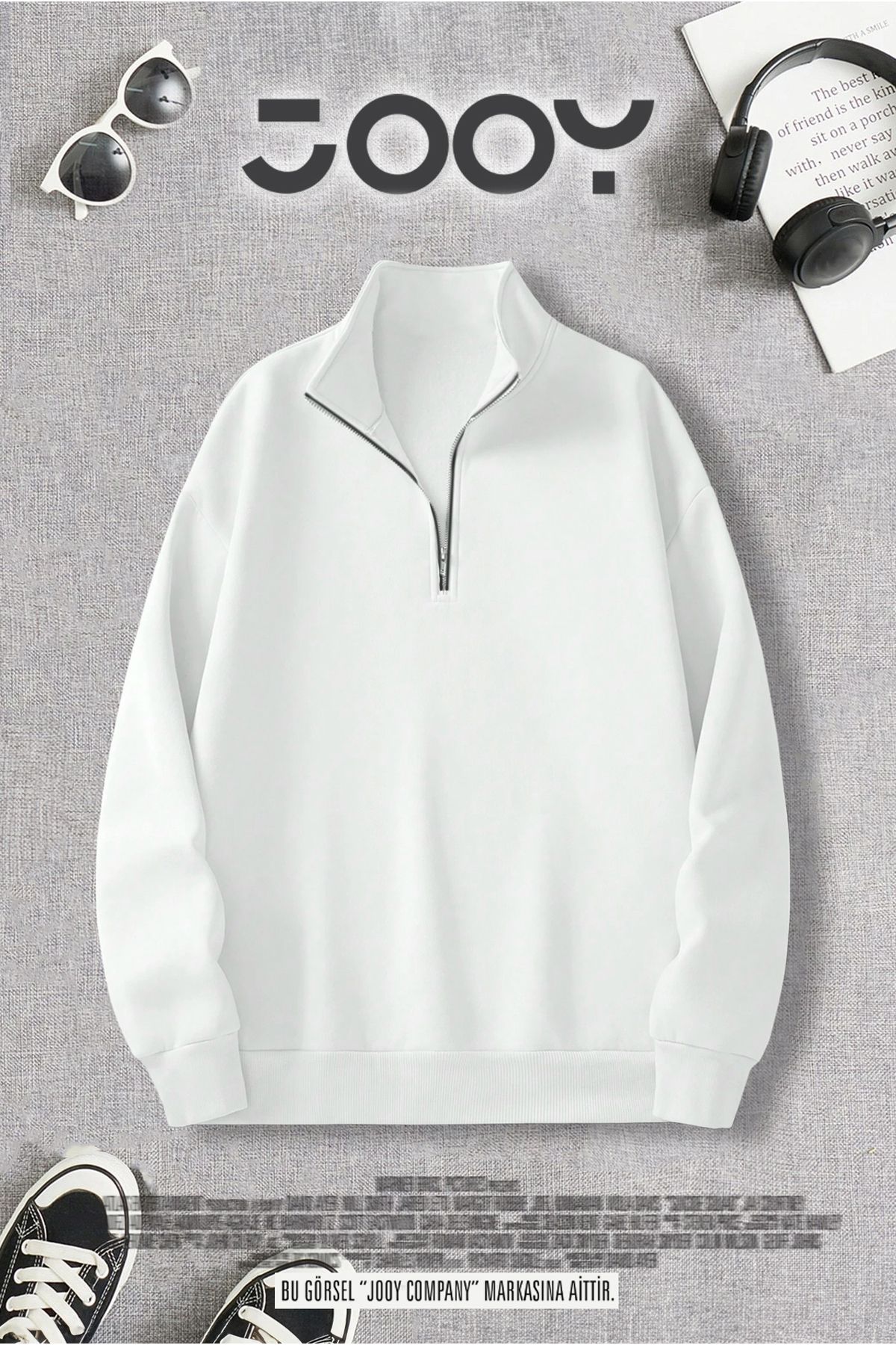 Jooy Company Unisex Yarım Fermuarlı Beyaz Sweatshirt