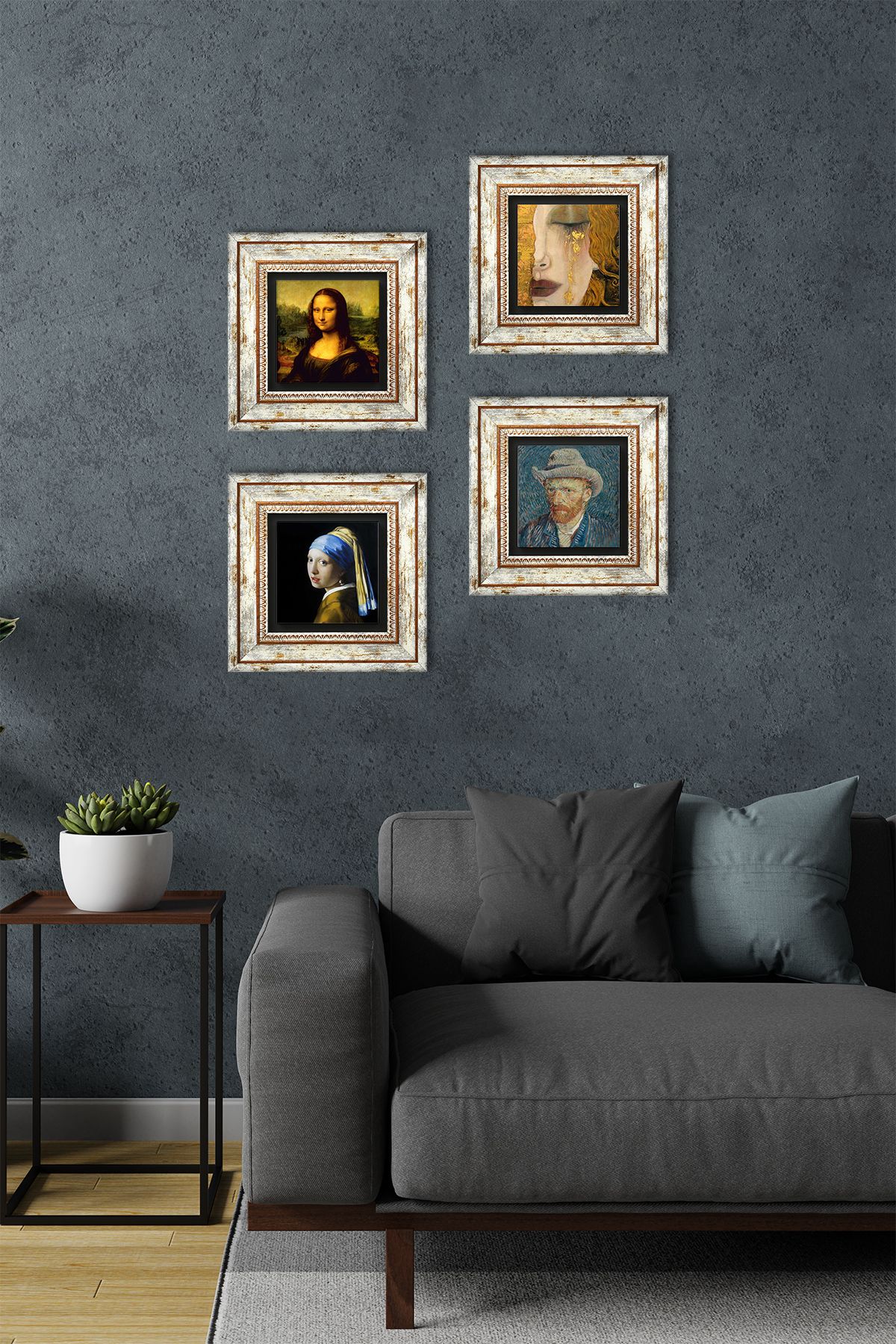 Pinecone Inci Küpeli Kız, Van Gogh, Gustav Klimt, Leonardo Da Vinci Taş Duvar Tablosu Çerçeveli Duvar Dekoru
