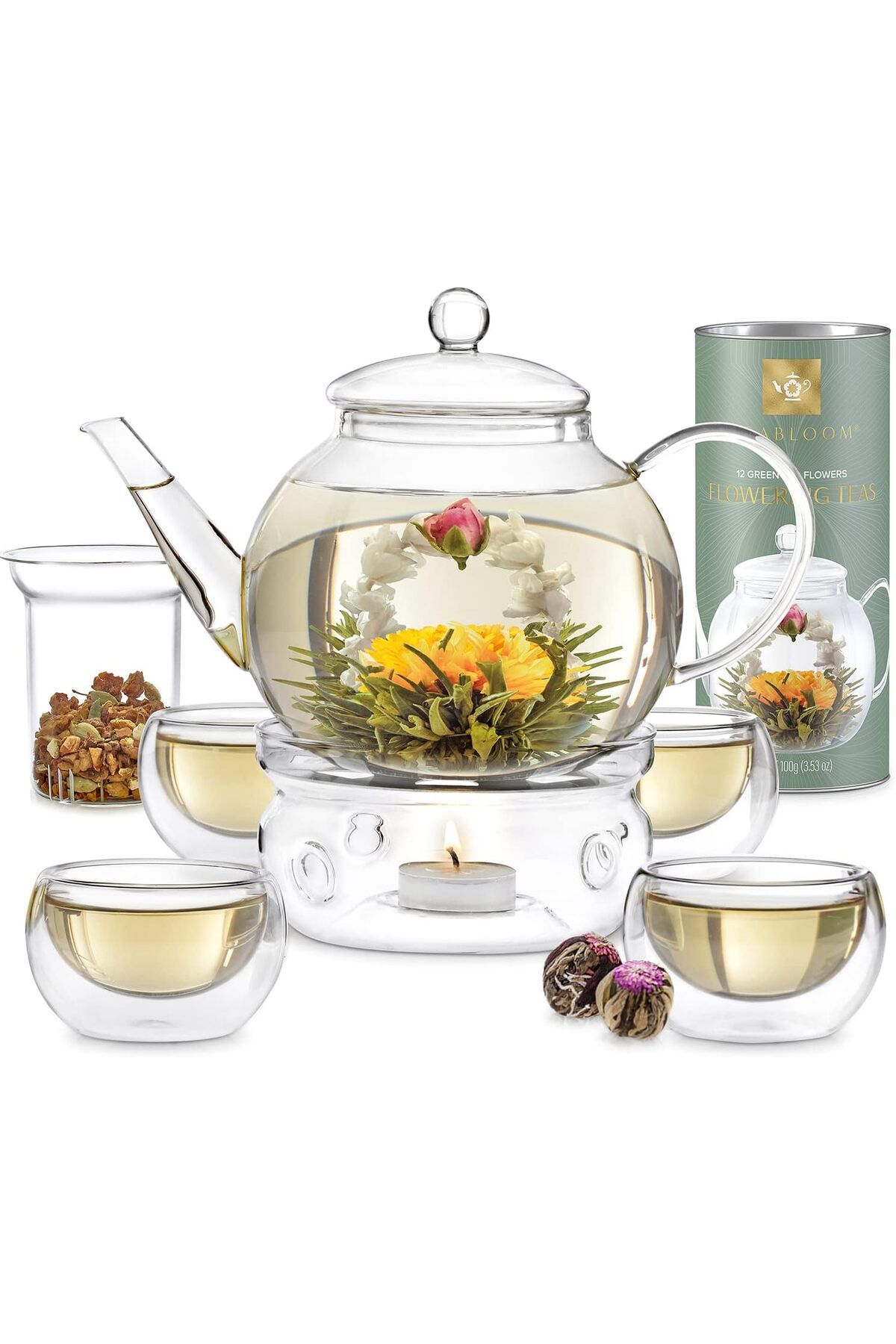 Teabloom Komple Çay Seti Yasemin – Cam Çaydanlık, 4 Yalıtımlı Çay Fincanı, 1,2 L