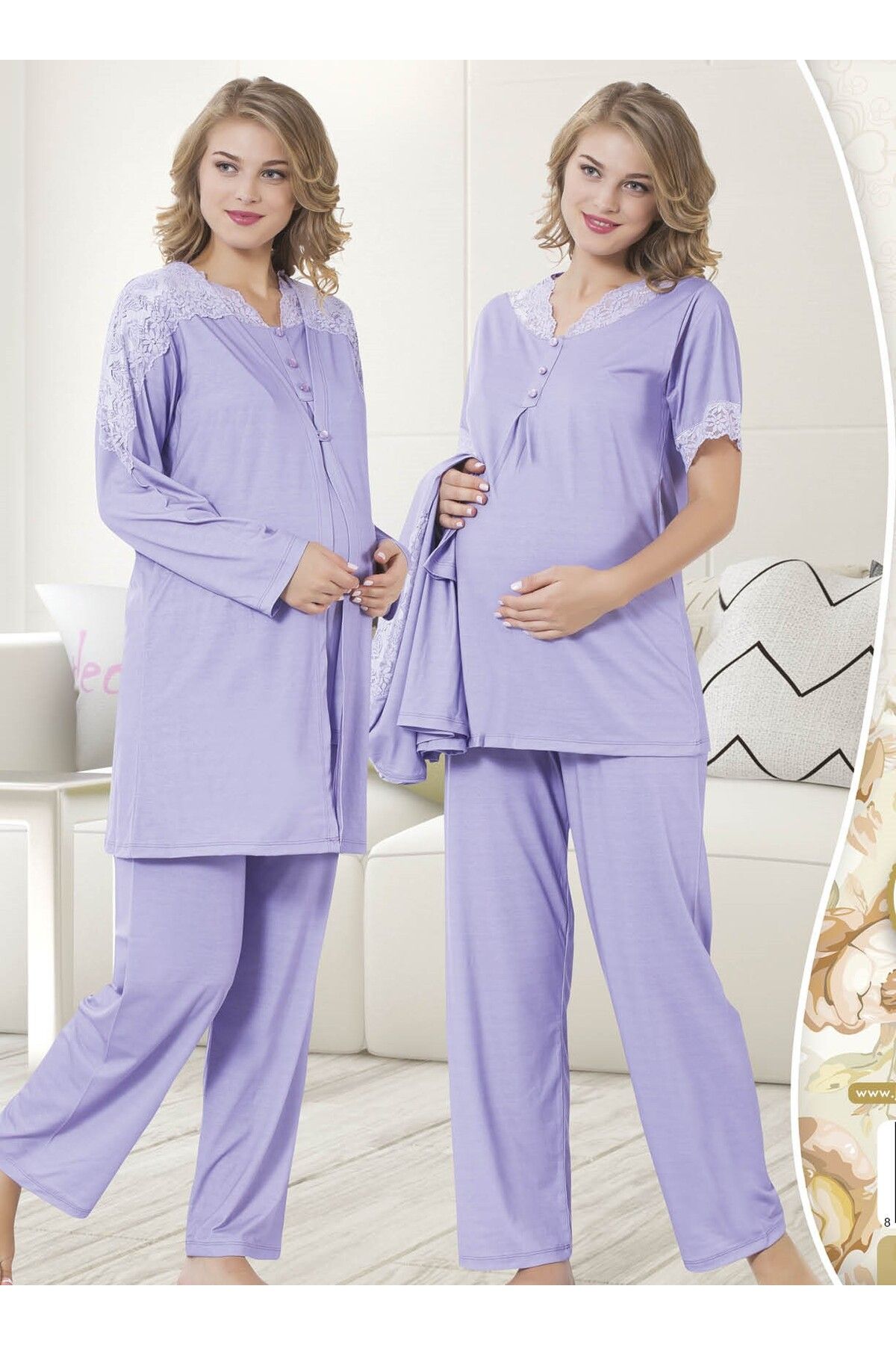 JENİKA Lila Dantel Ve Düğme Detaylı Sabahlıklı Penye Hamile Pijama Takımı 3 Lü