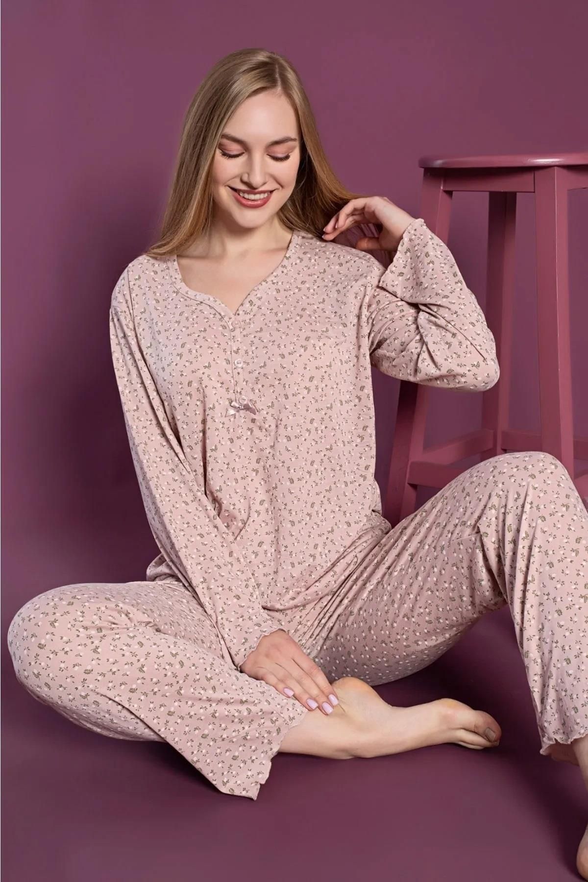 Sude Kadın Düğmeli V Yaka İnce Pijama Takım 4203 - 1 Adet