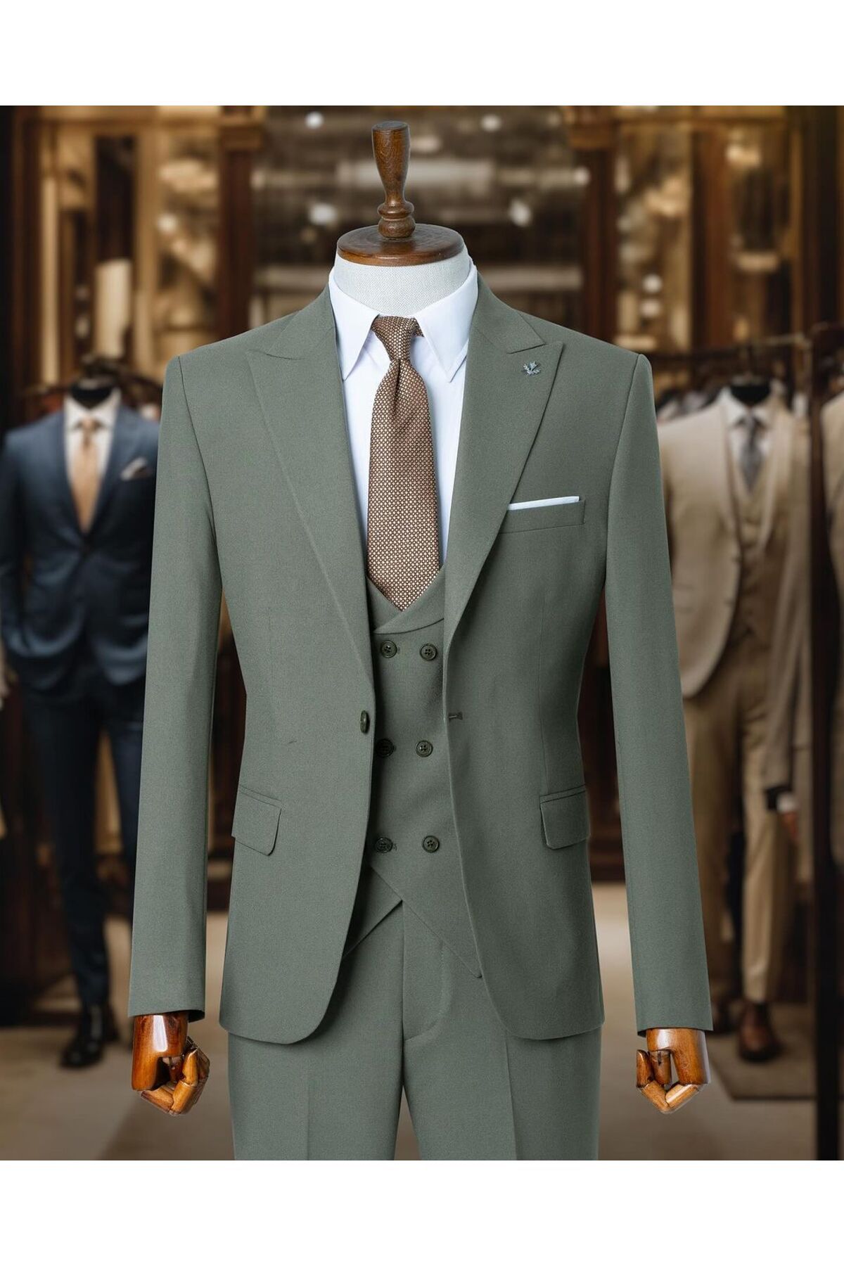 WENNO Takım Elbise İtalyan Kesim Yelekli Yeşil