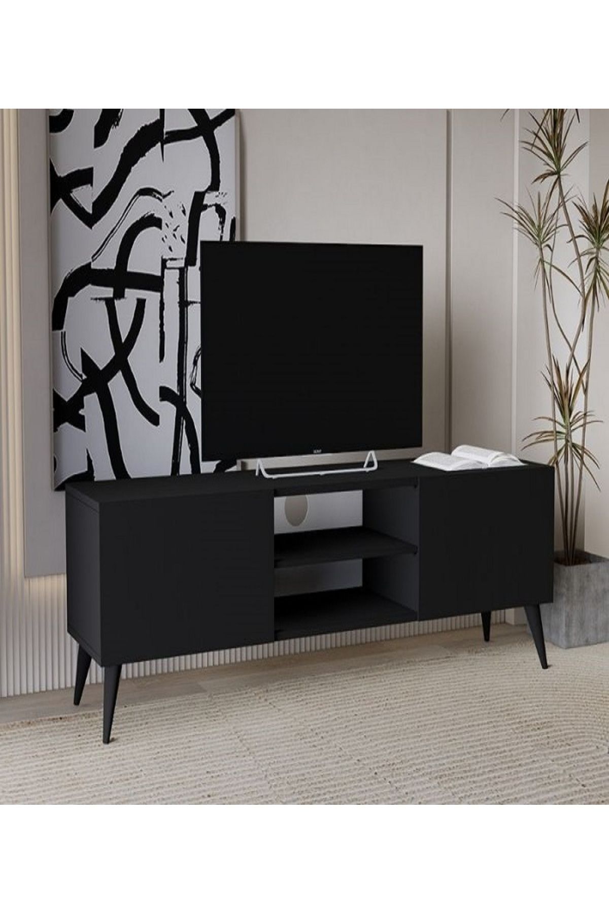 Regisan Tv Ünitesi Tv Sehpası Televizyon Sehpası Masası 140x30 cm Siyah (Siyah Konik Ayak)